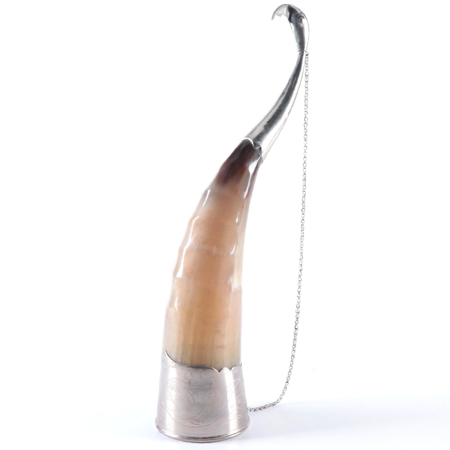 Silvered Metal and Carved Steer Horn Bird-Form Drinking Horn