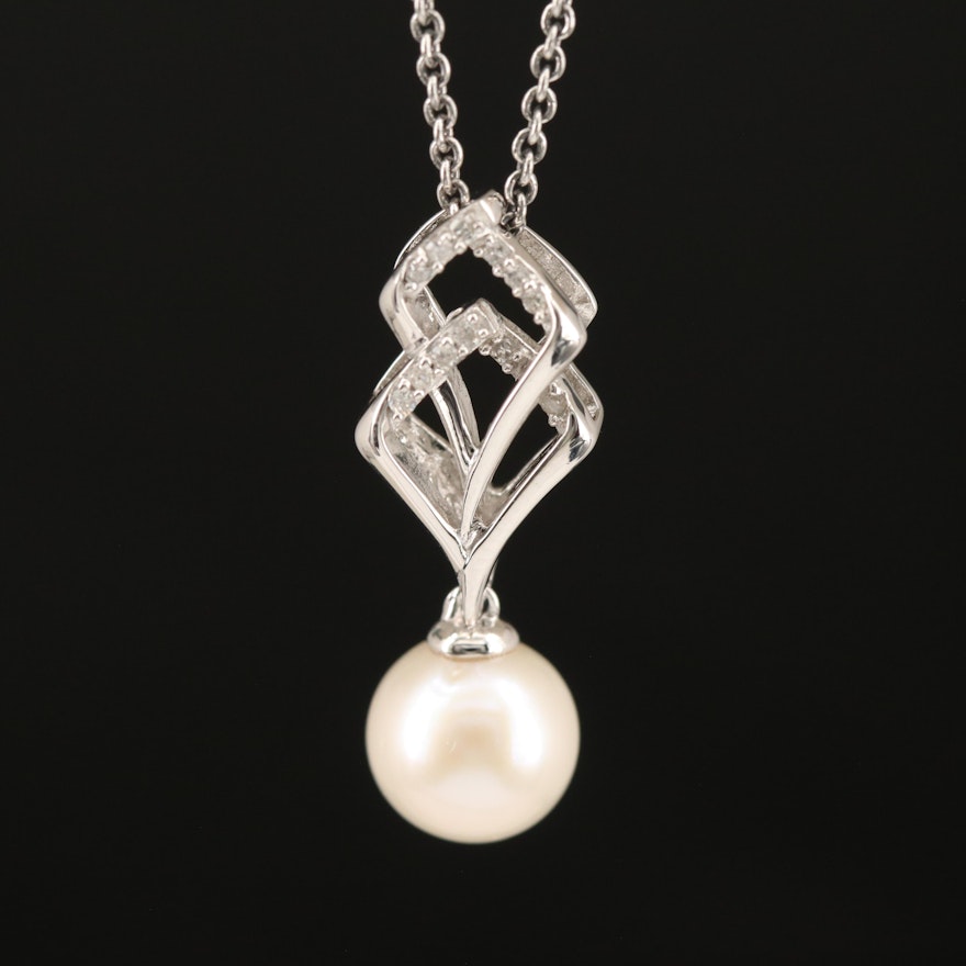 Sterling Diamond and Pearl Drop Pendant Necklace