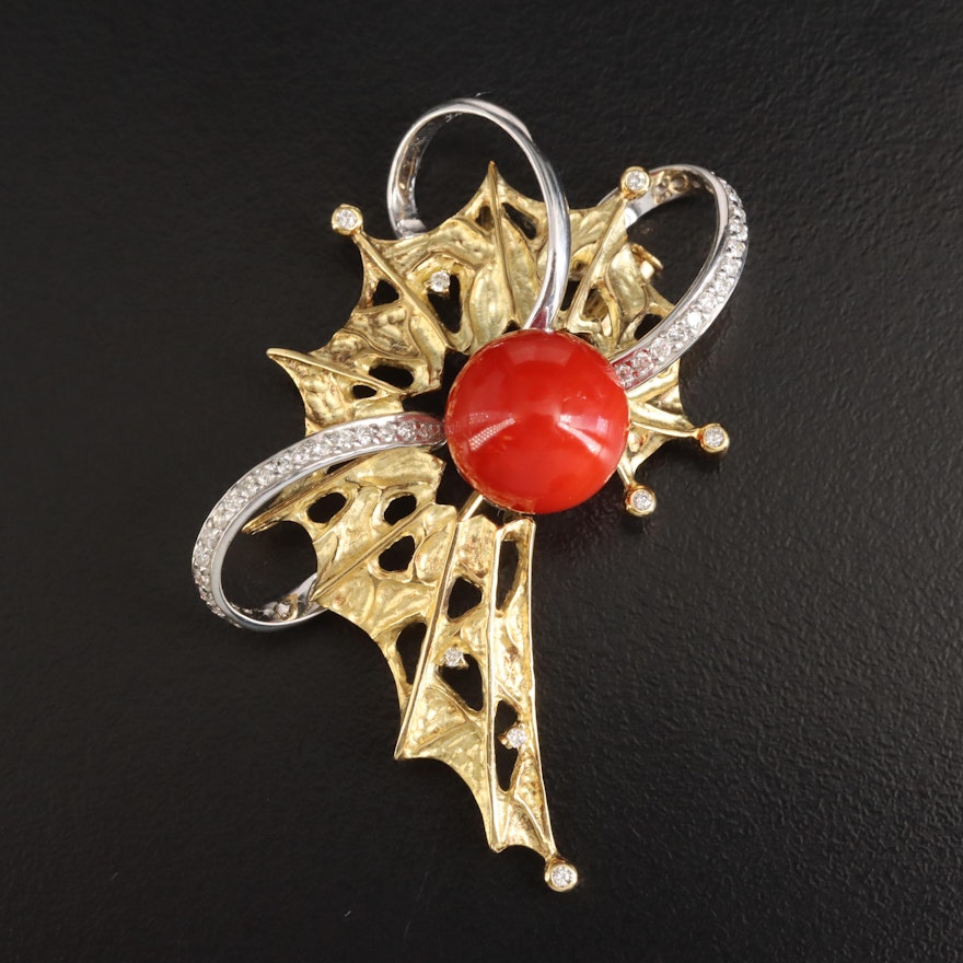 Vintage 18K Coral and Diamond Converter Brooch