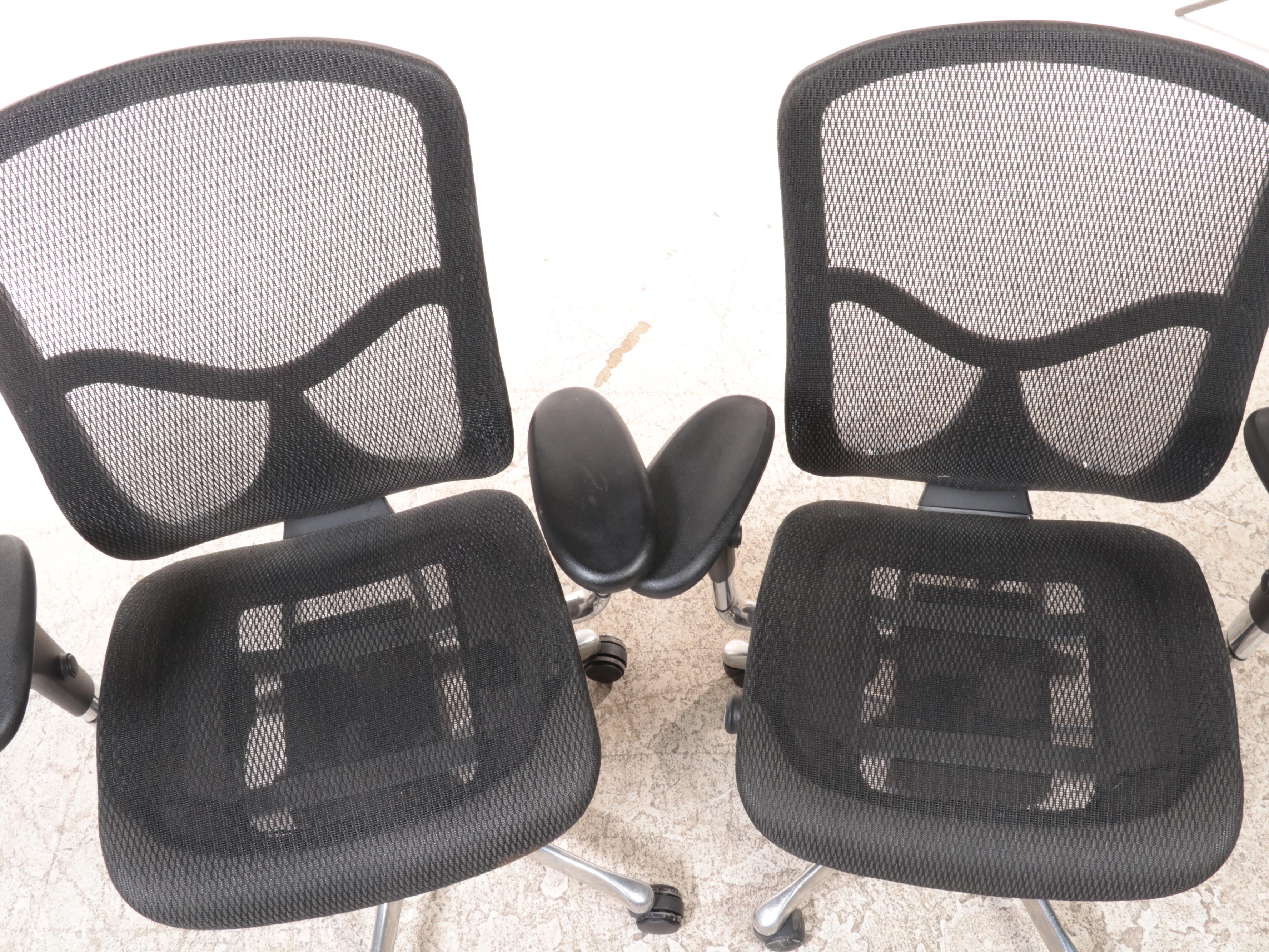 Pair of United Stationers Aluminum and Black Mesh Updjustable Office Chairs