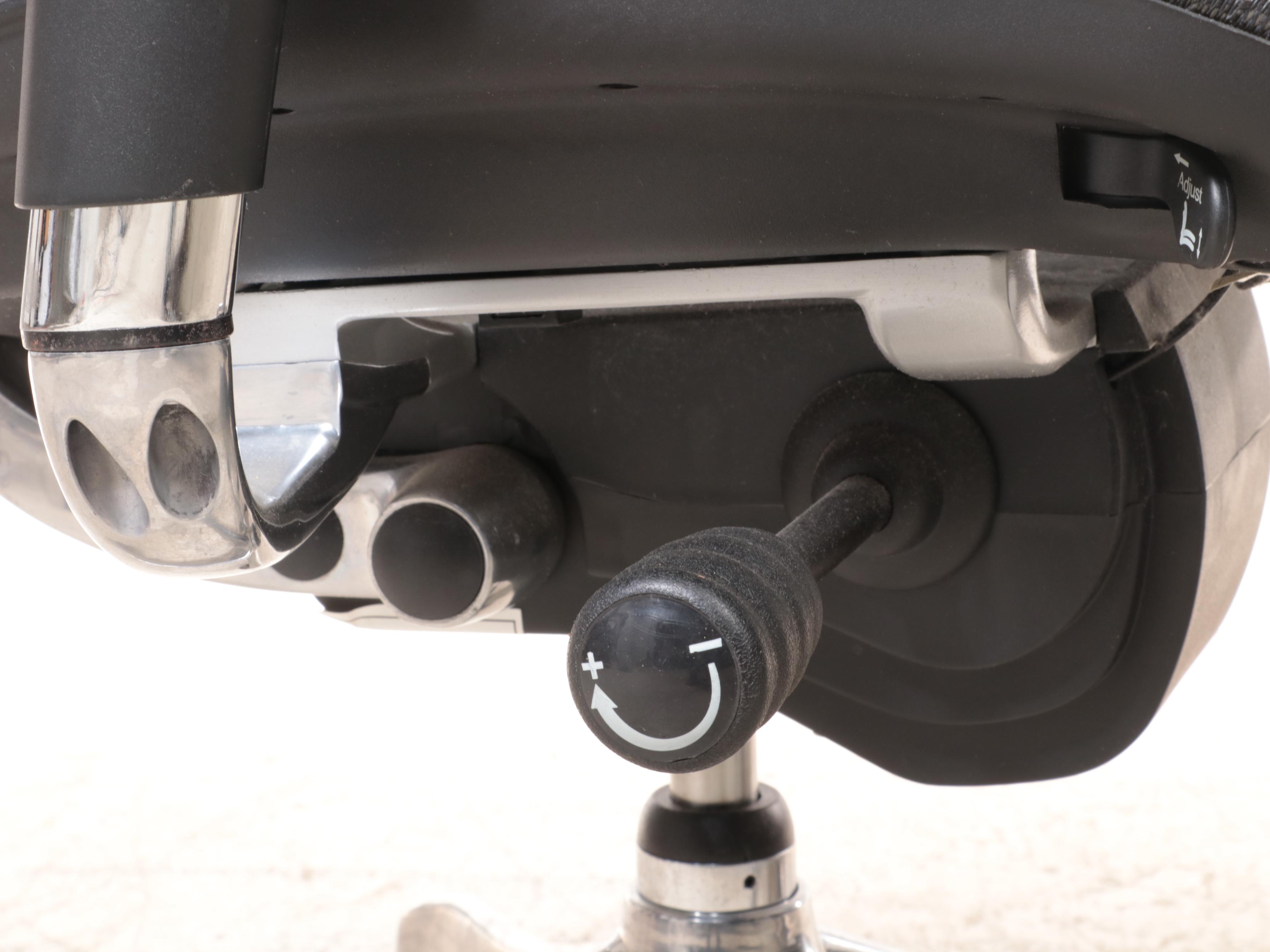 Pair of United Stationers Aluminum and Black Mesh Updjustable Office Chairs