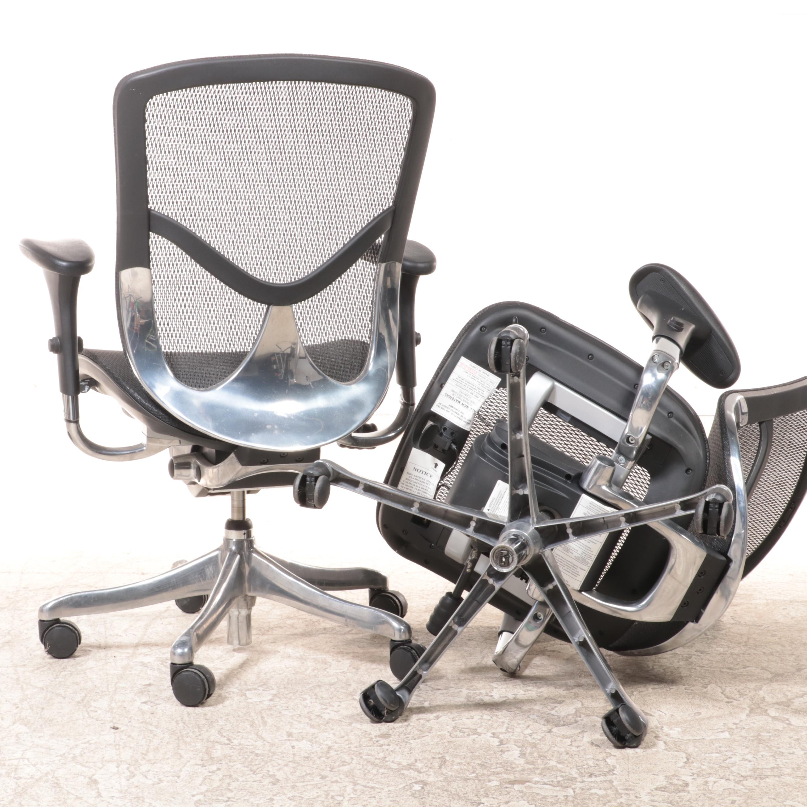 Pair of United Stationers Aluminum and Black Mesh Updjustable Office Chairs