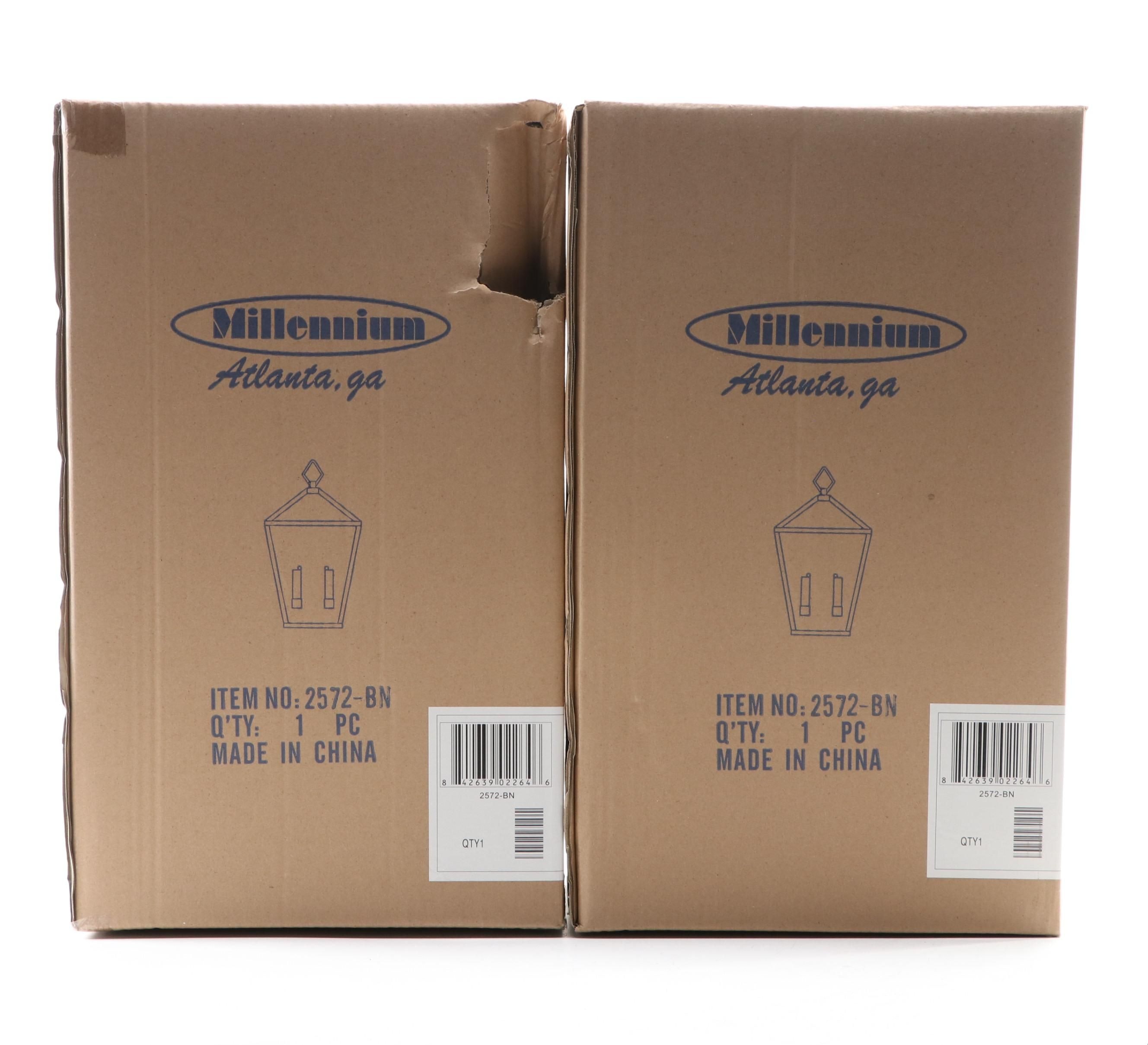 Three Millennium Lighting Brushed Nickel Finish Arnold Two-Light Lantern Sconces