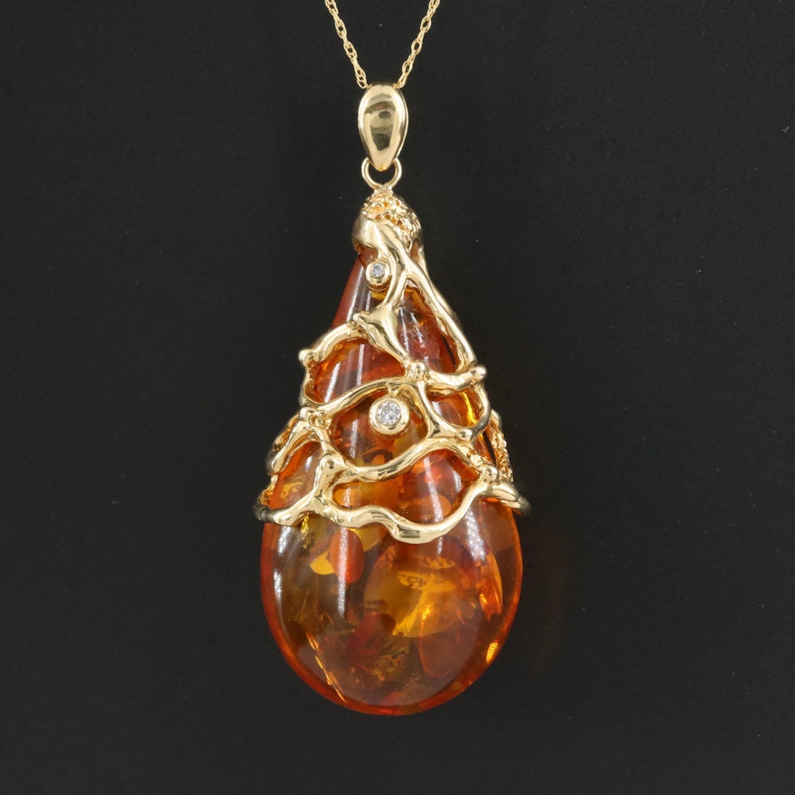 18K Amber and Diamond Pendant Necklace