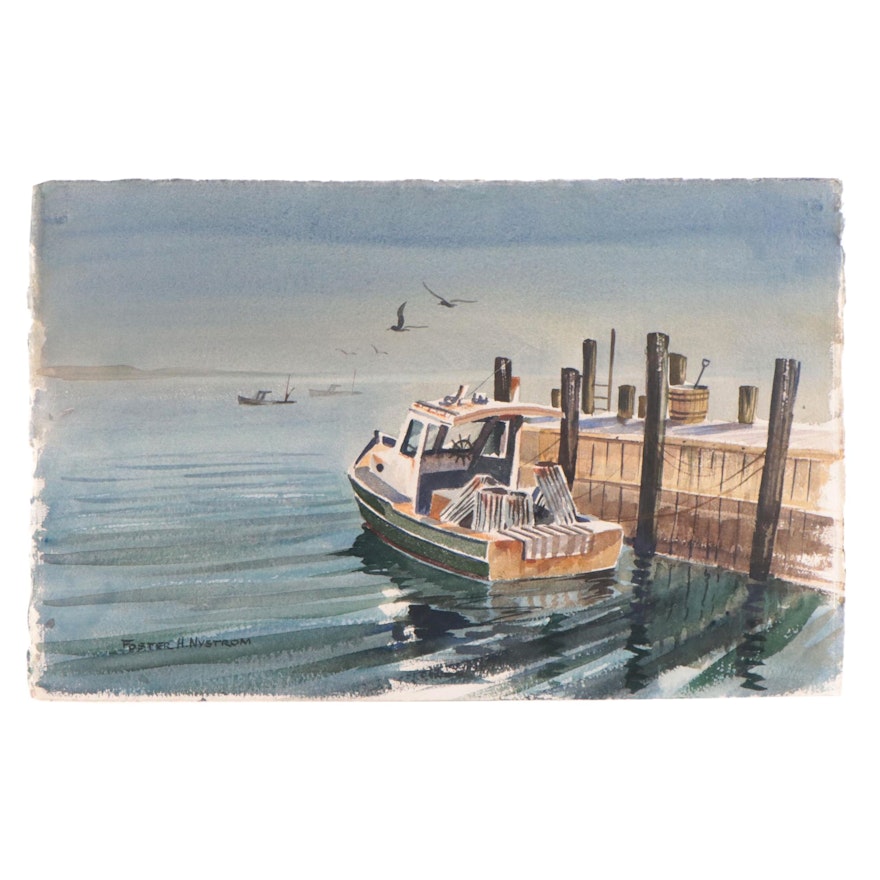 Foster Nystrom Watercolor Painting of Docked Boat