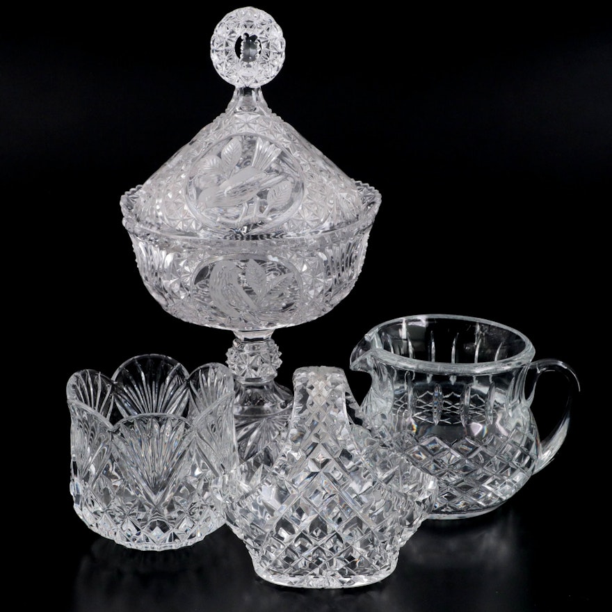 Hofbauer "Byrdes" Lidded Compote and Other Crystal and Pressed Glass  Décor
