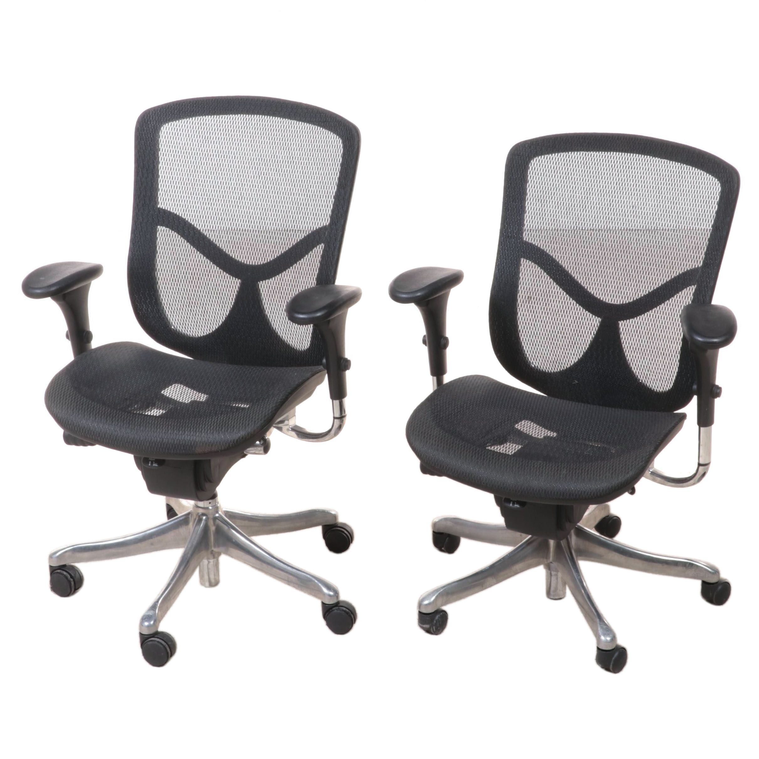 Pair of United Stationers Aluminum and Black Mesh Updjustable Office Chairs