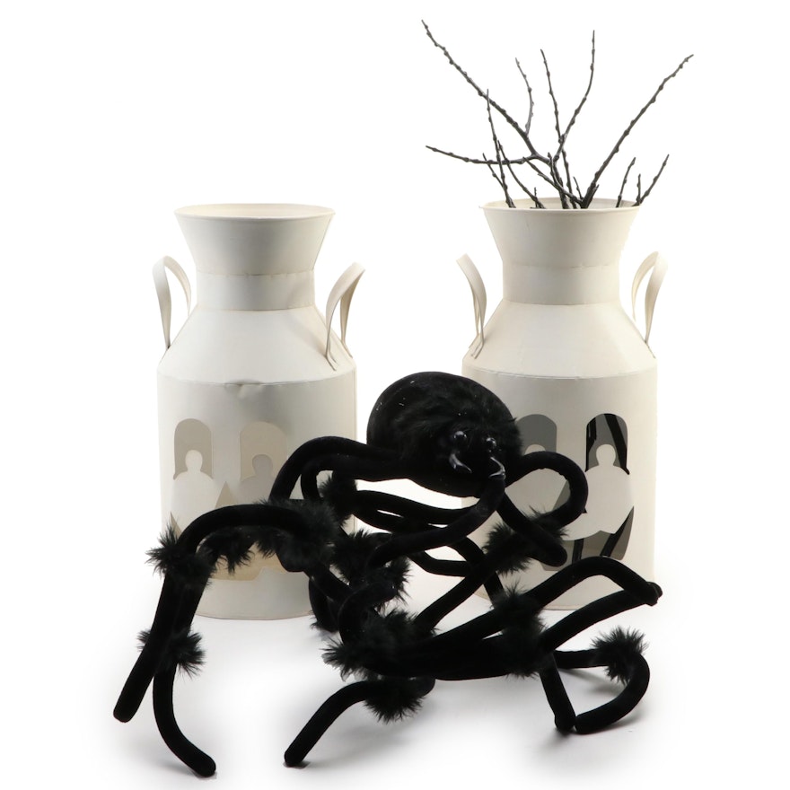White Jack-O-Lantern Milk Can Lanterns with Artificial Branches and Spider