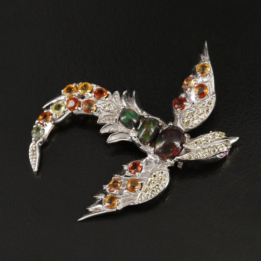 Sterling Opal and Sapphire Bird Brooch