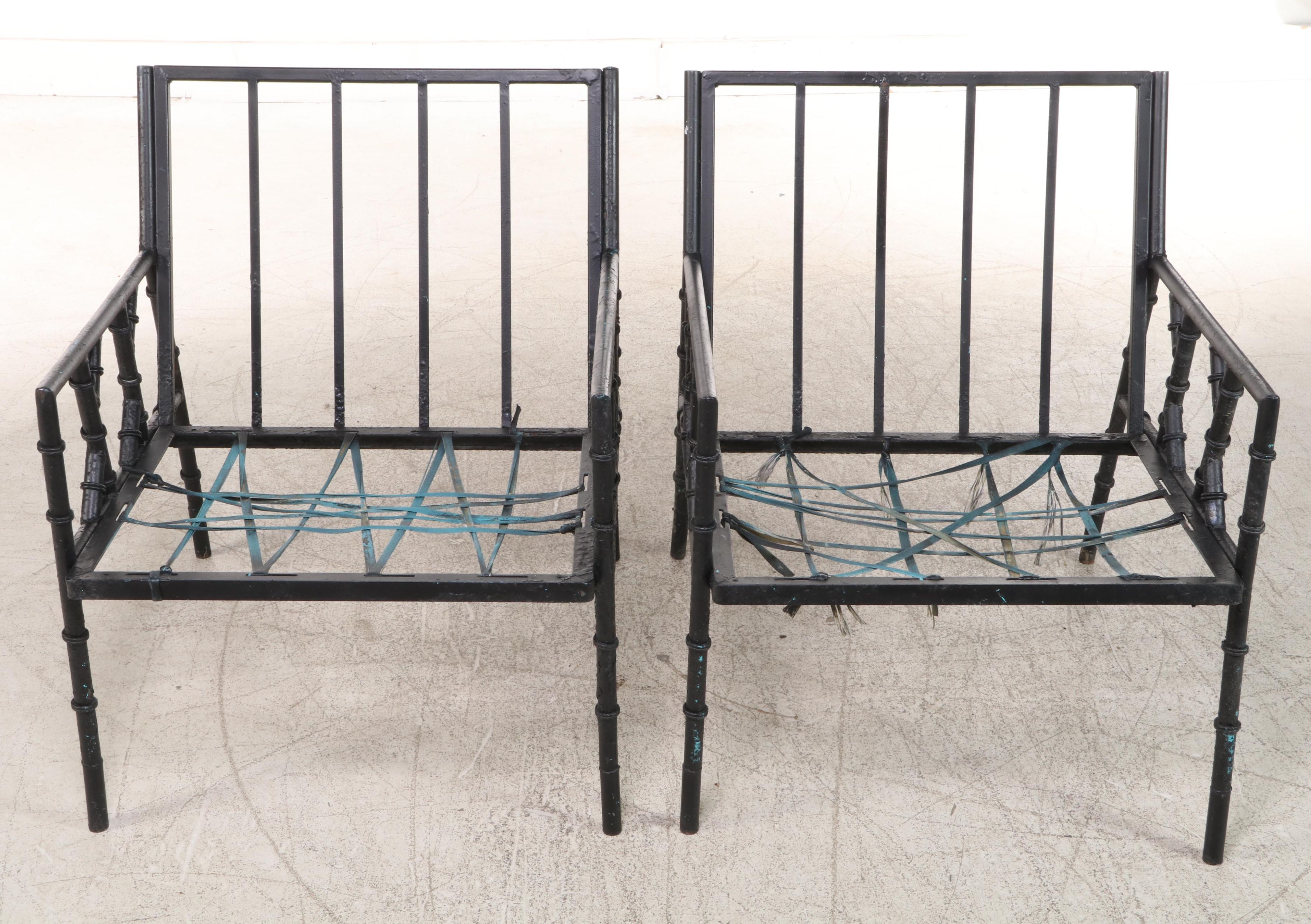 Pair of Faux-Bamboo Iron Patio Armchairs with Cushions