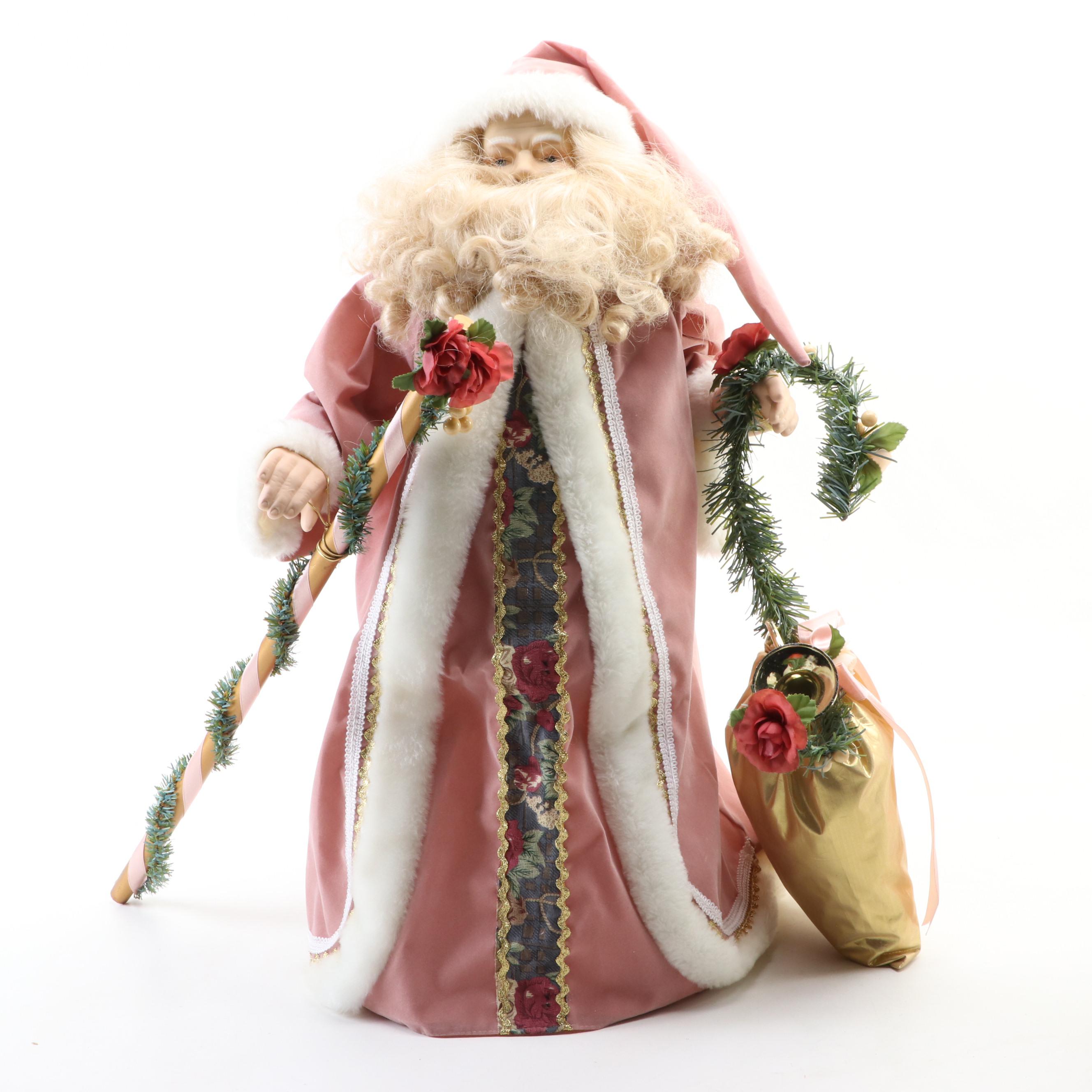 Spode "Christmas Rose" Bone China Planter with Faux Flowers and Santa Figurine