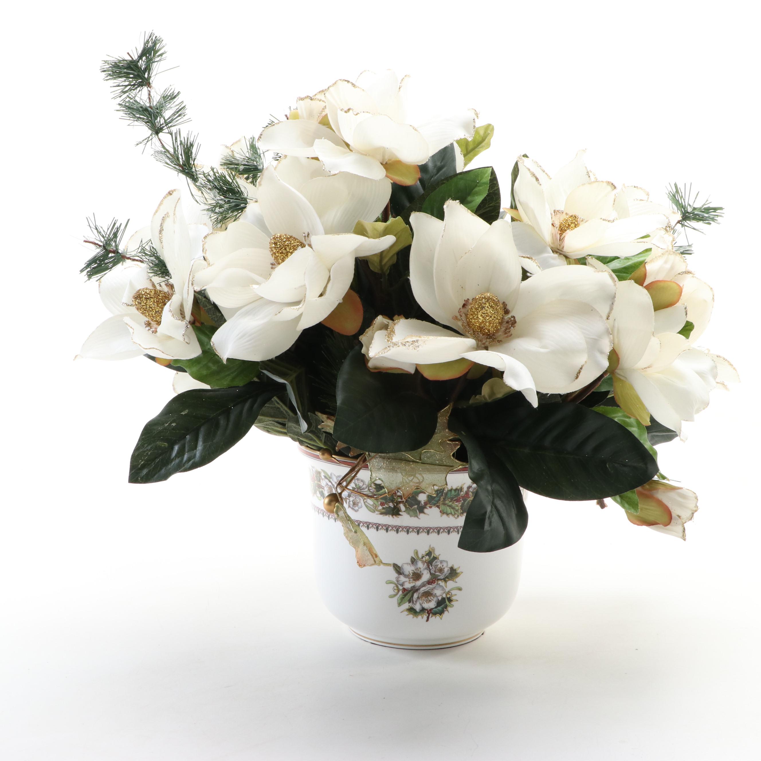 Spode "Christmas Rose" Bone China Planter with Faux Flowers and Santa Figurine