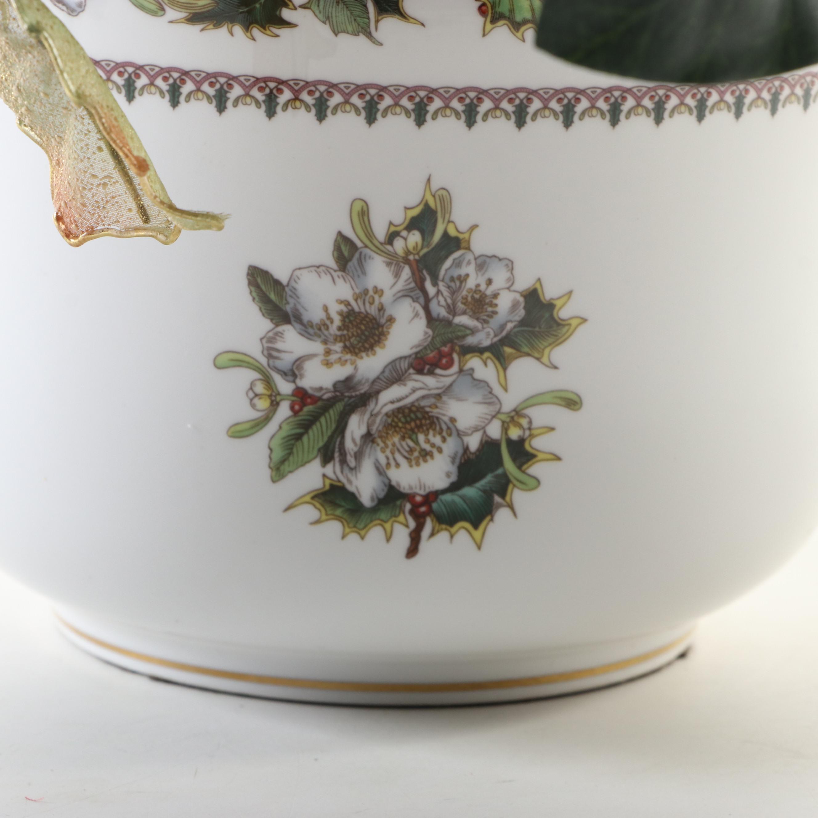 Spode "Christmas Rose" Bone China Planter with Faux Flowers and Santa Figurine