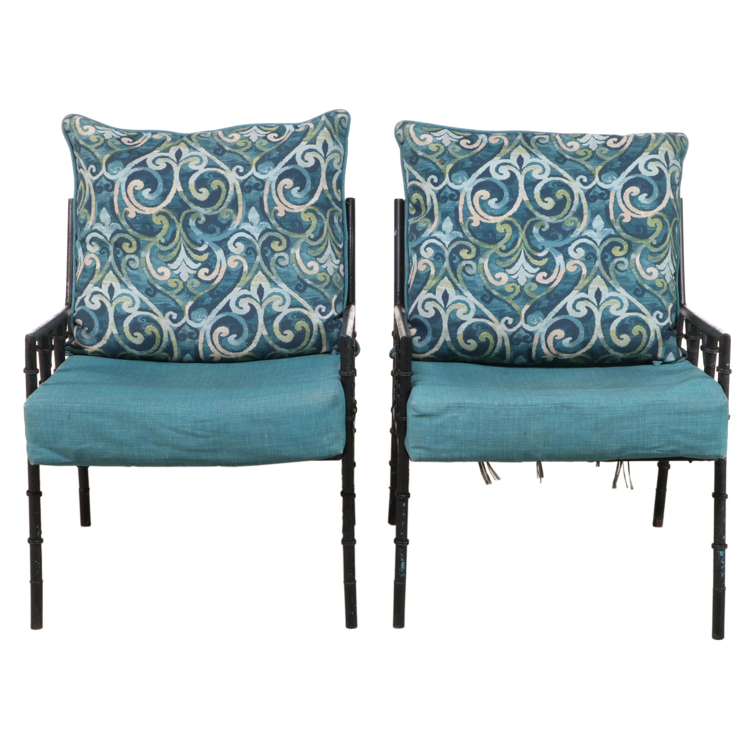 Pair of Faux-Bamboo Iron Patio Armchairs with Cushions