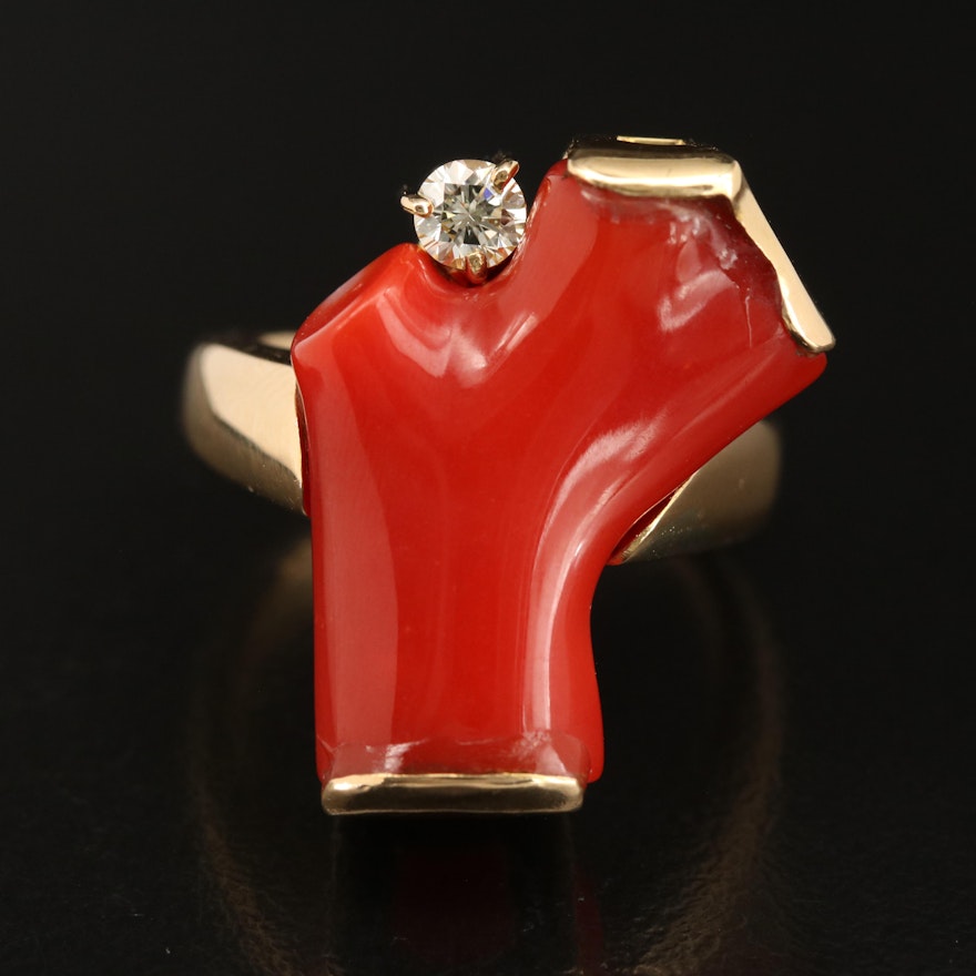 18K Coral and Diamond Freeform Ring