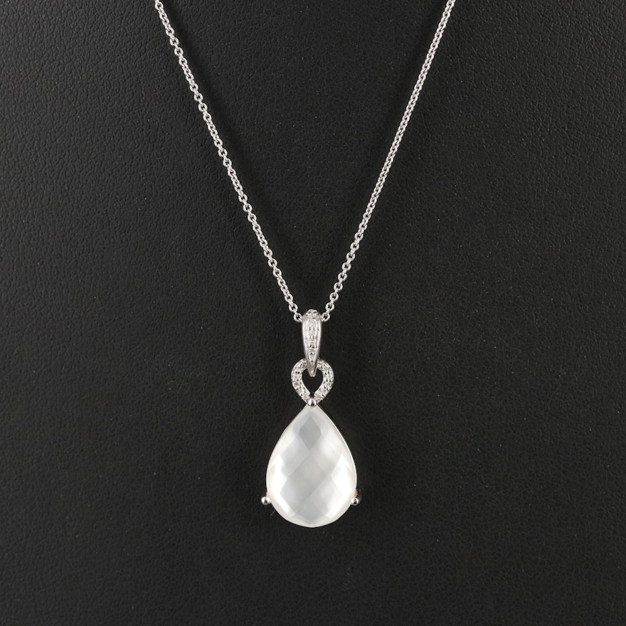 Sterling Quartz and Mother-of-Pearl Doublet and Diamond Teardrop Necklace