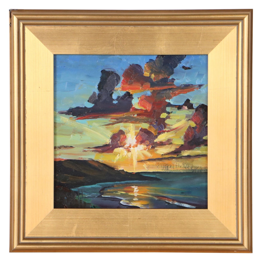 William Hawkins Oil Painting of Coastal Sunset, 21st Century