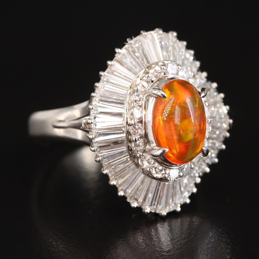 Platinum 1.53 CTW Fire Opal and 2.52 CTW Diamond Ballerina Ring