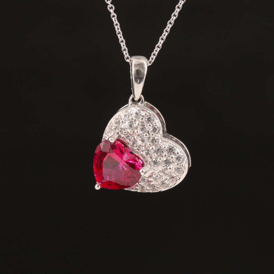 Sterling Ruby and Sapphire Double Heart Pendant Necklace