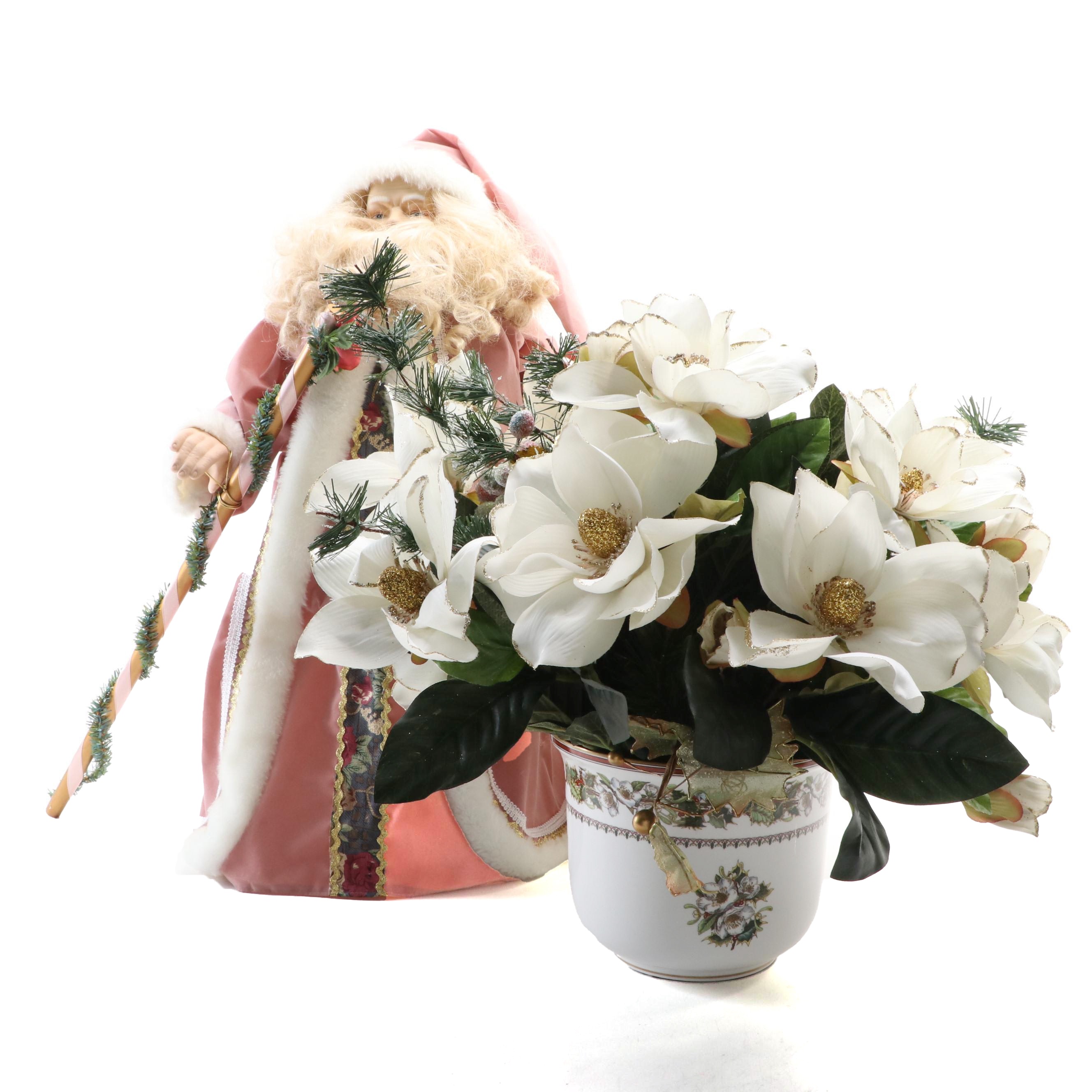 Spode "Christmas Rose" Bone China Planter with Faux Flowers and Santa Figurine