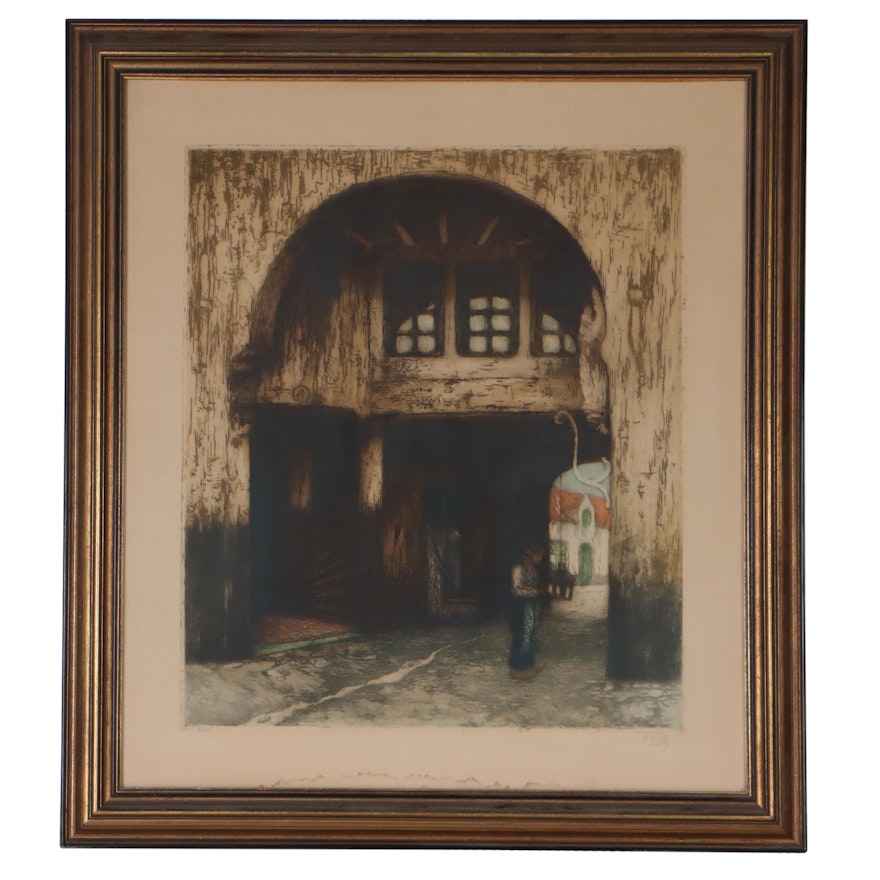 Julien Célos Color Etching of Archway, Mid-20th Century