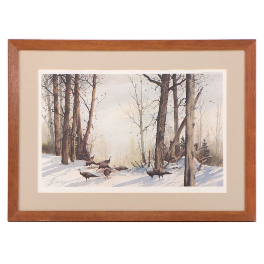 David Hagerbaumer Offset Lithograph of Wild Turkeys in Winter Landscape, 1980