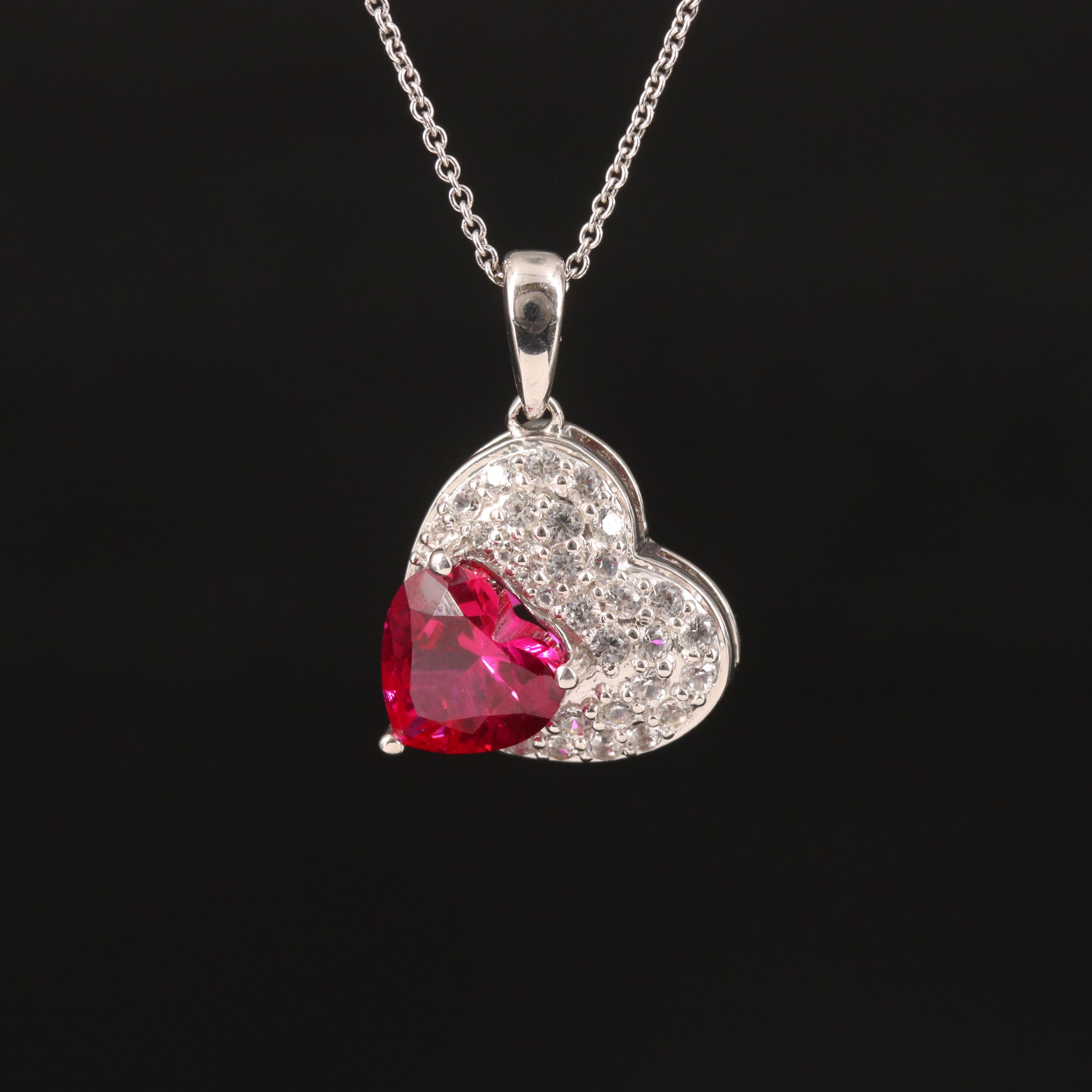 Sterling Ruby and Sapphire Heart Pendant Necklace