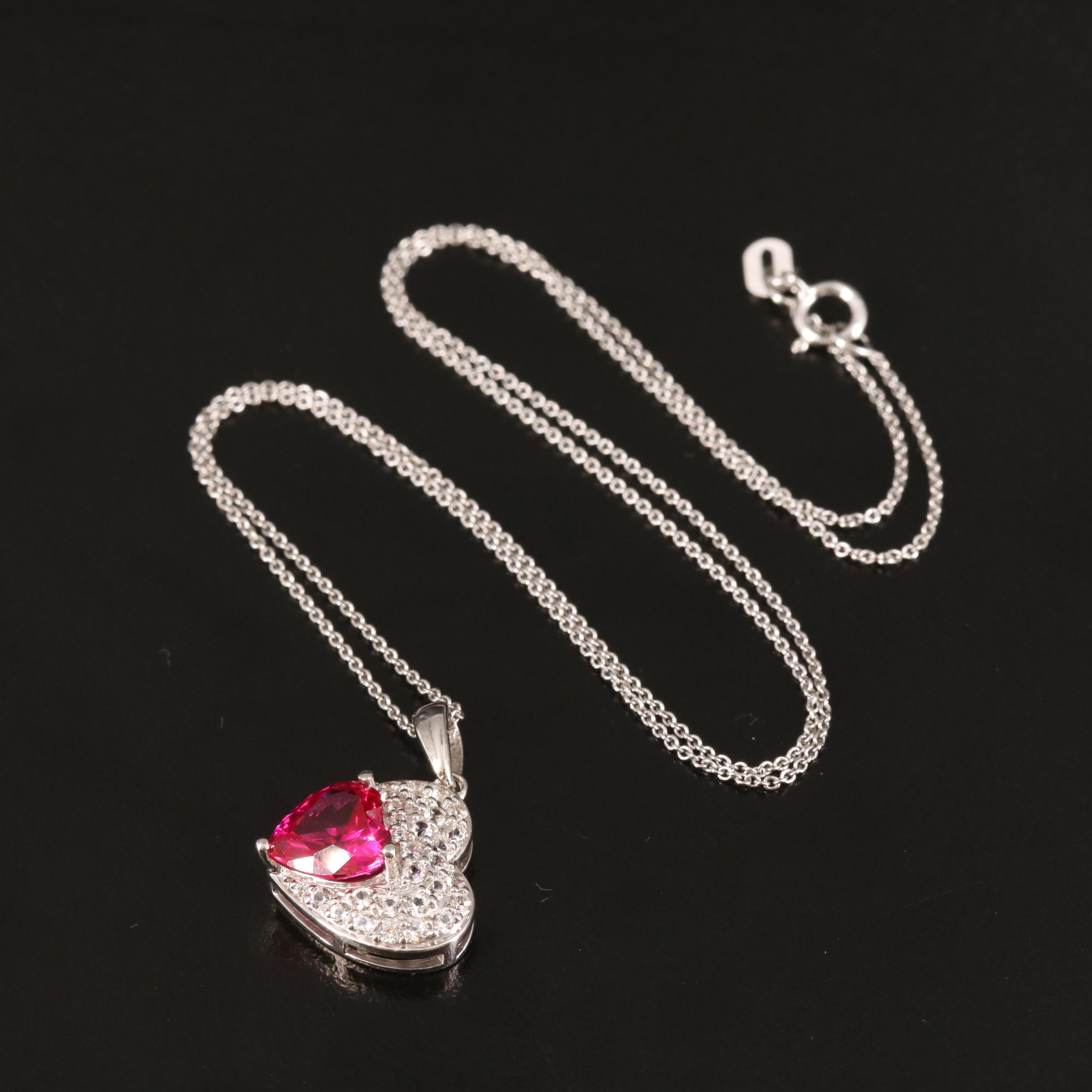 Sterling Ruby and Sapphire Heart Pendant Necklace