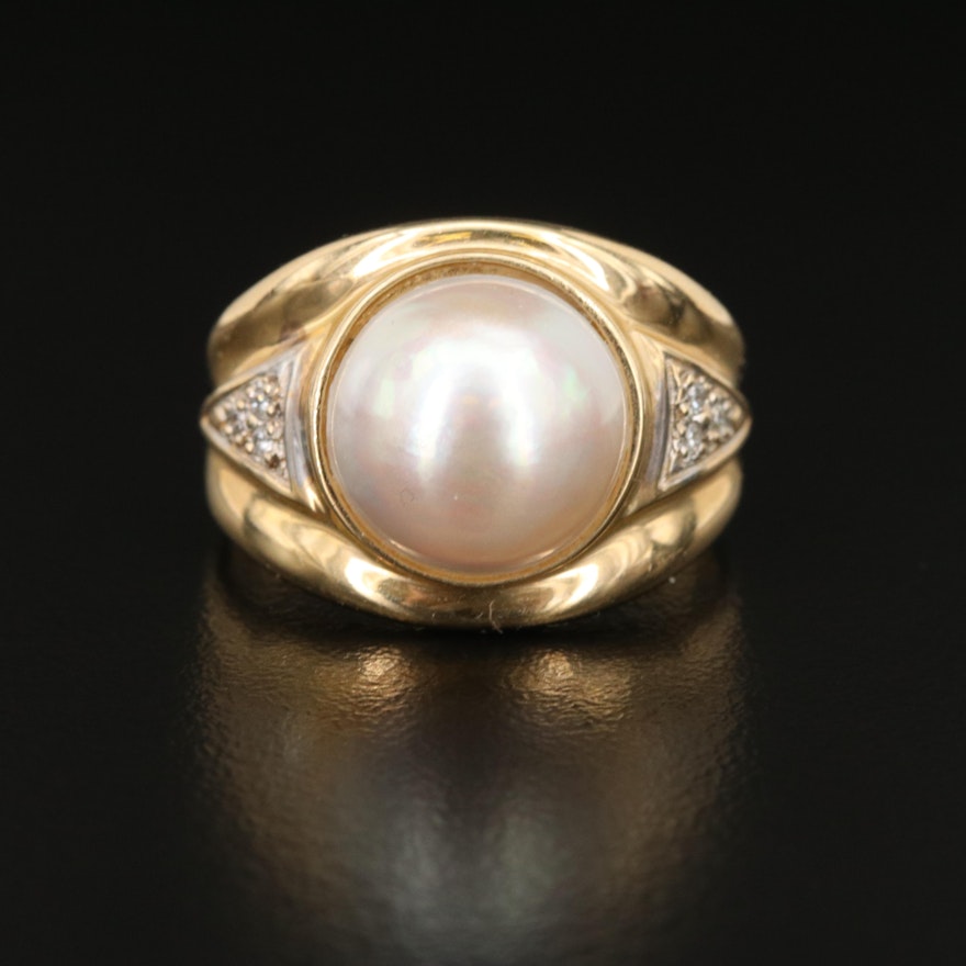 14K 12.00 MM Pearl and Diamond Ring