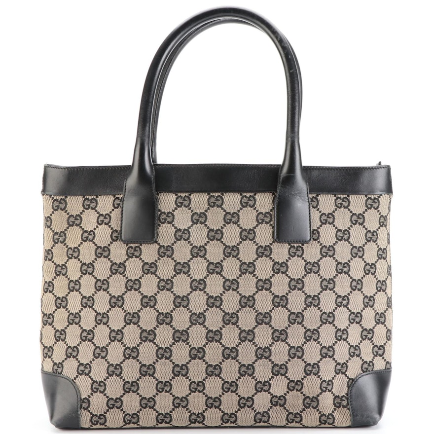 Gucci Small Tote Bag in GG Canvas and Black Smooth Leather