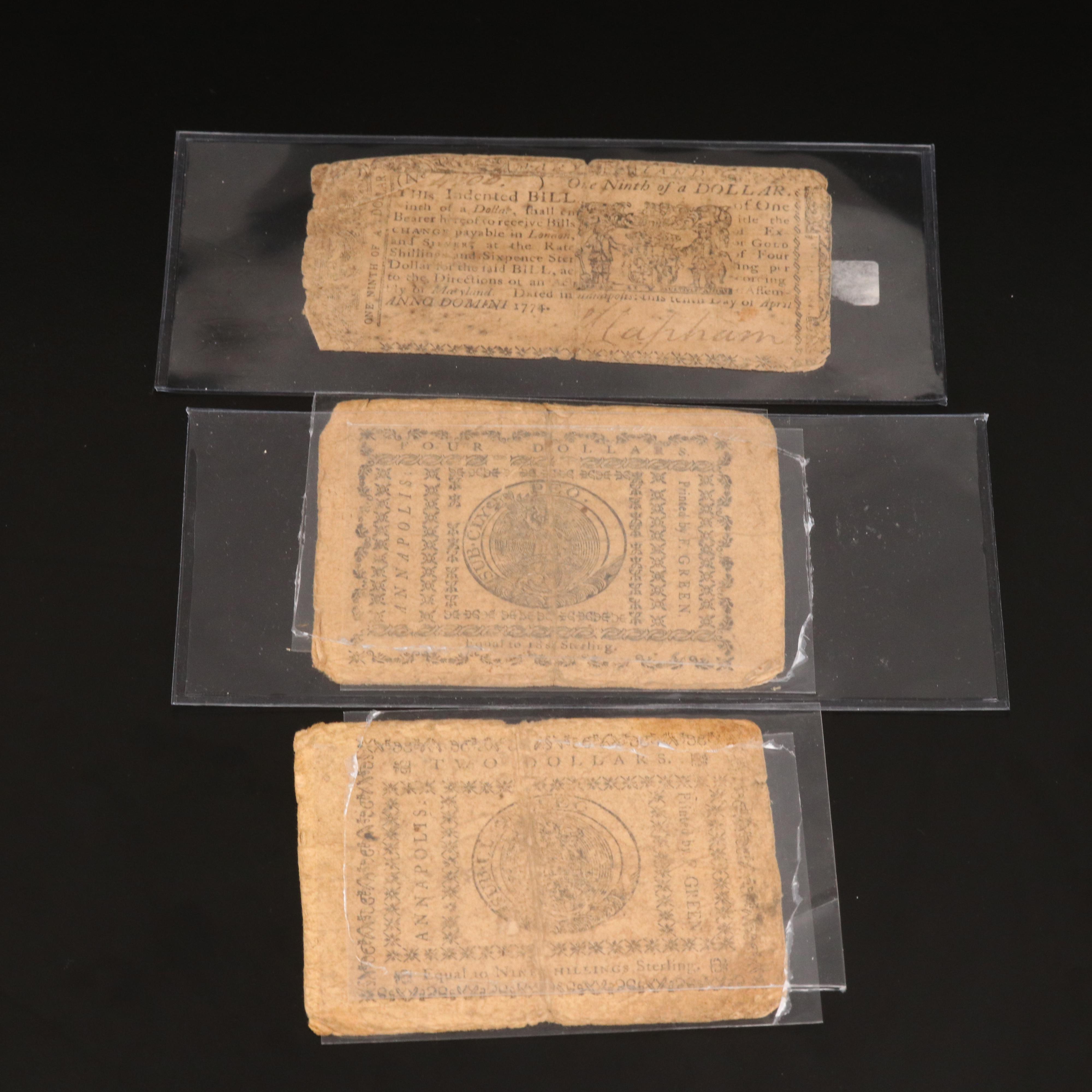 Eight Early American Currency Notes