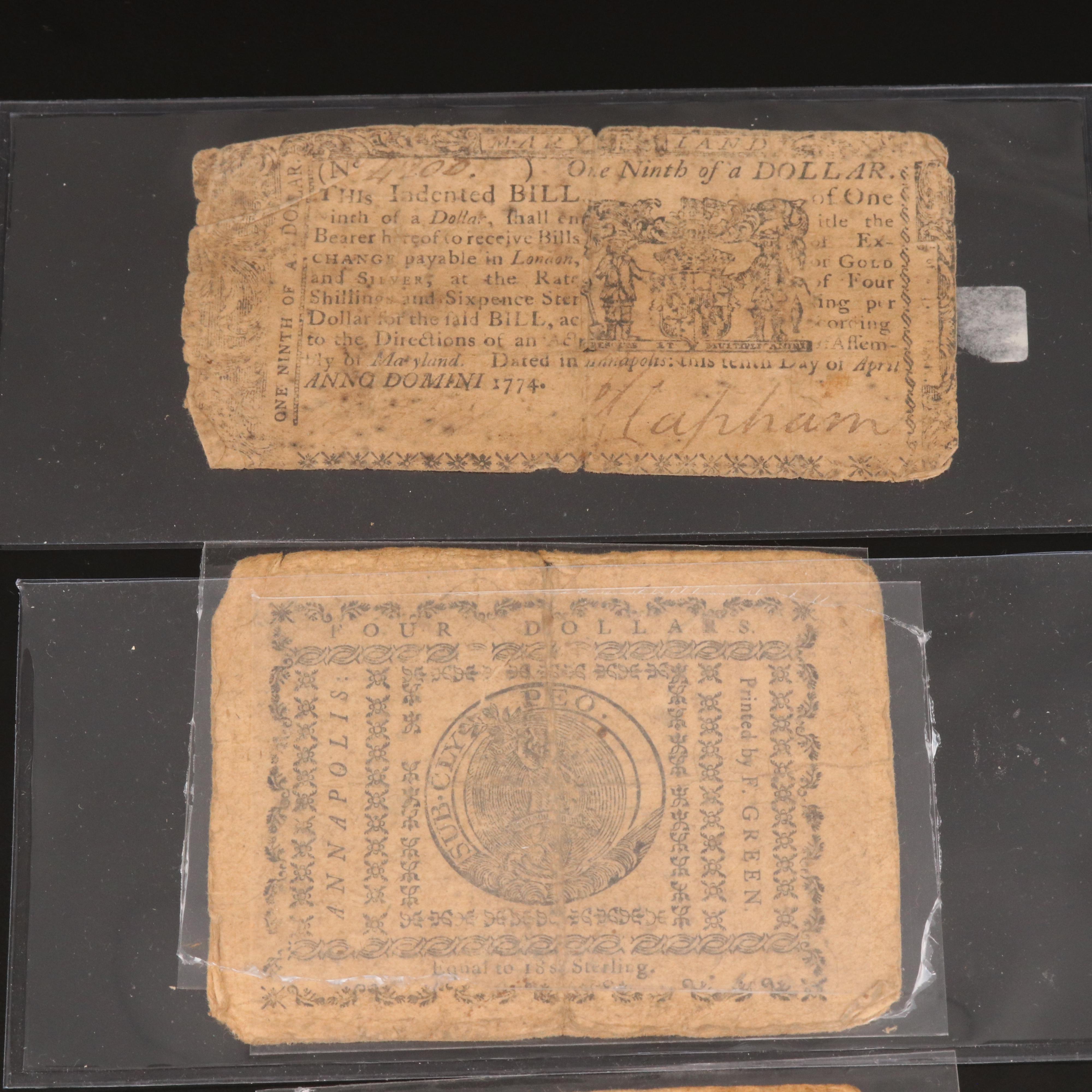 Eight Early American Currency Notes