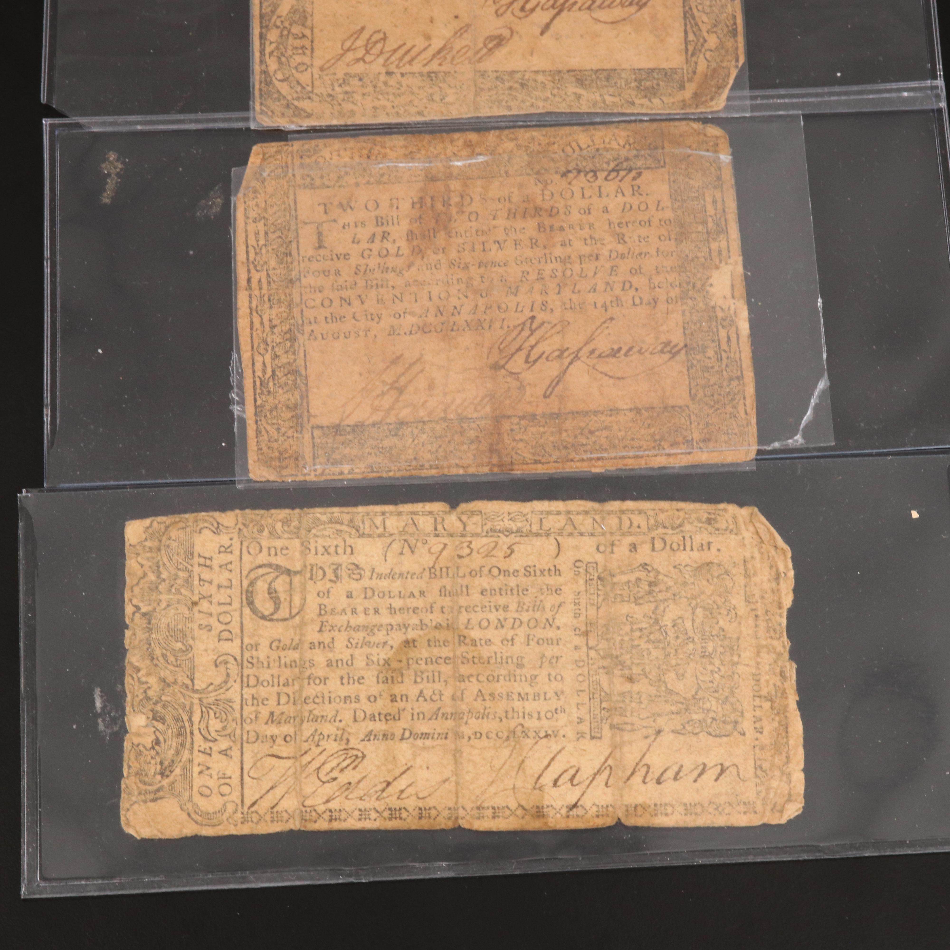 Eight Early American Currency Notes