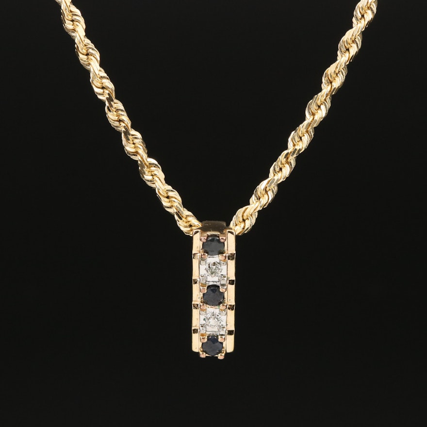 Sterling Diamond and Sapphire Bar Pendant on 14K Rope Chain Necklace