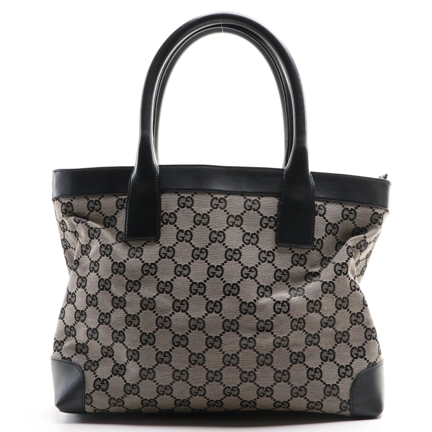 Gucci Small Tote Bag in GG Canvas and Black Smooth Leather