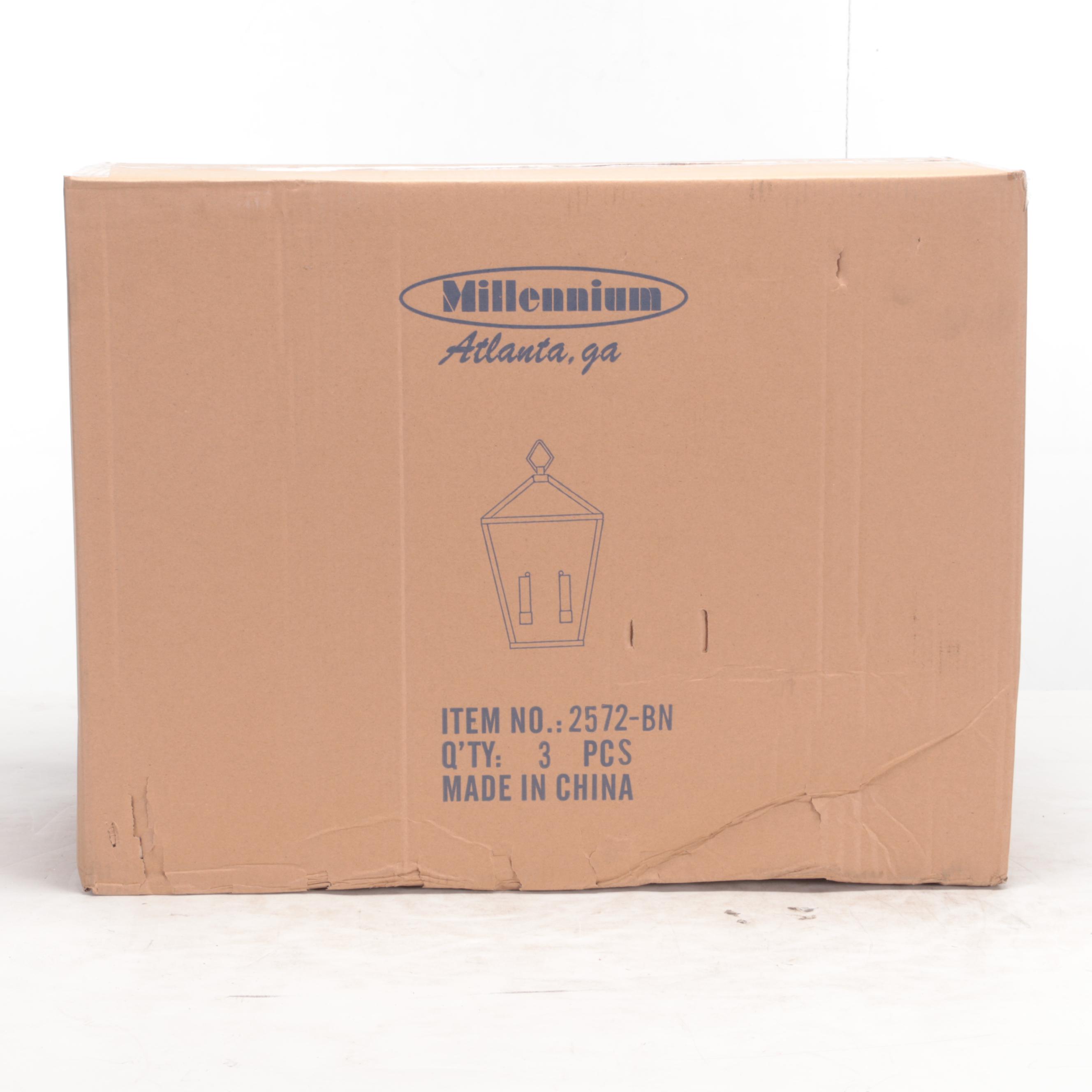 Three Millennium Lighting Brushed Nickel Finish Arnold Two-Light Lantern Sconces