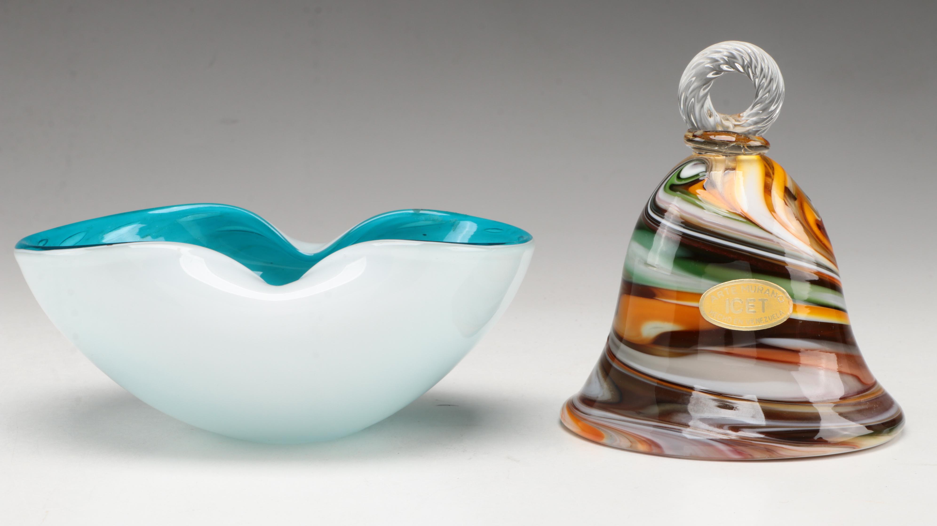 Murano Blown Cased Art Glass Bowl with ICET Multicolor Swirled Art Glass Bell