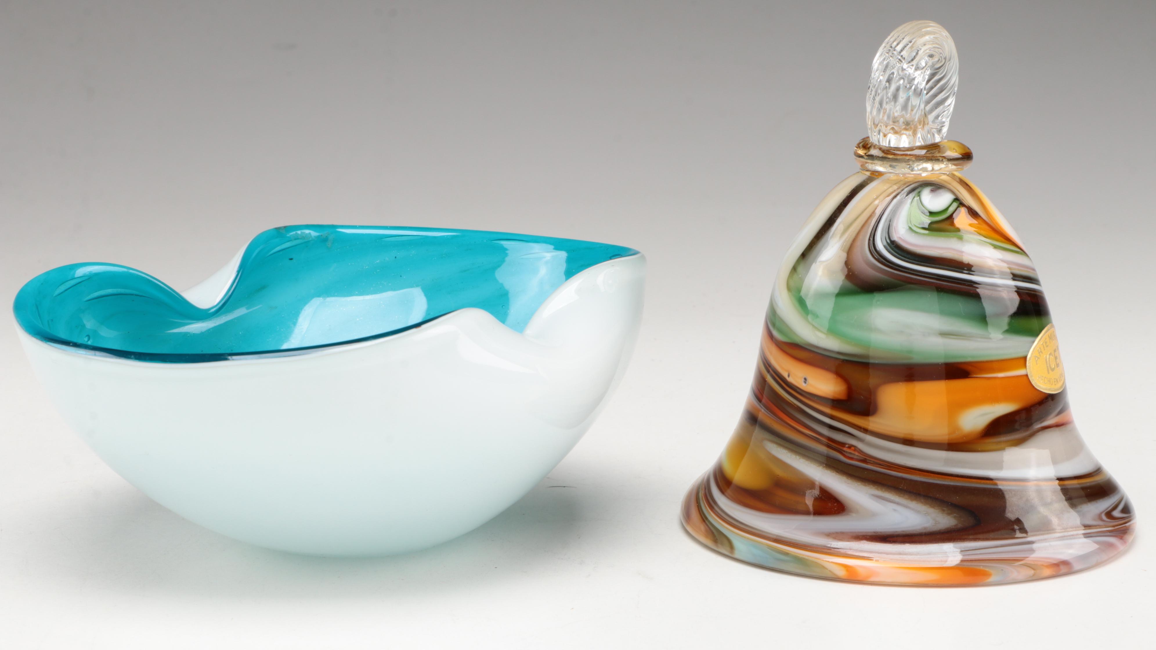 Murano Blown Cased Art Glass Bowl with ICET Multicolor Swirled Art Glass Bell