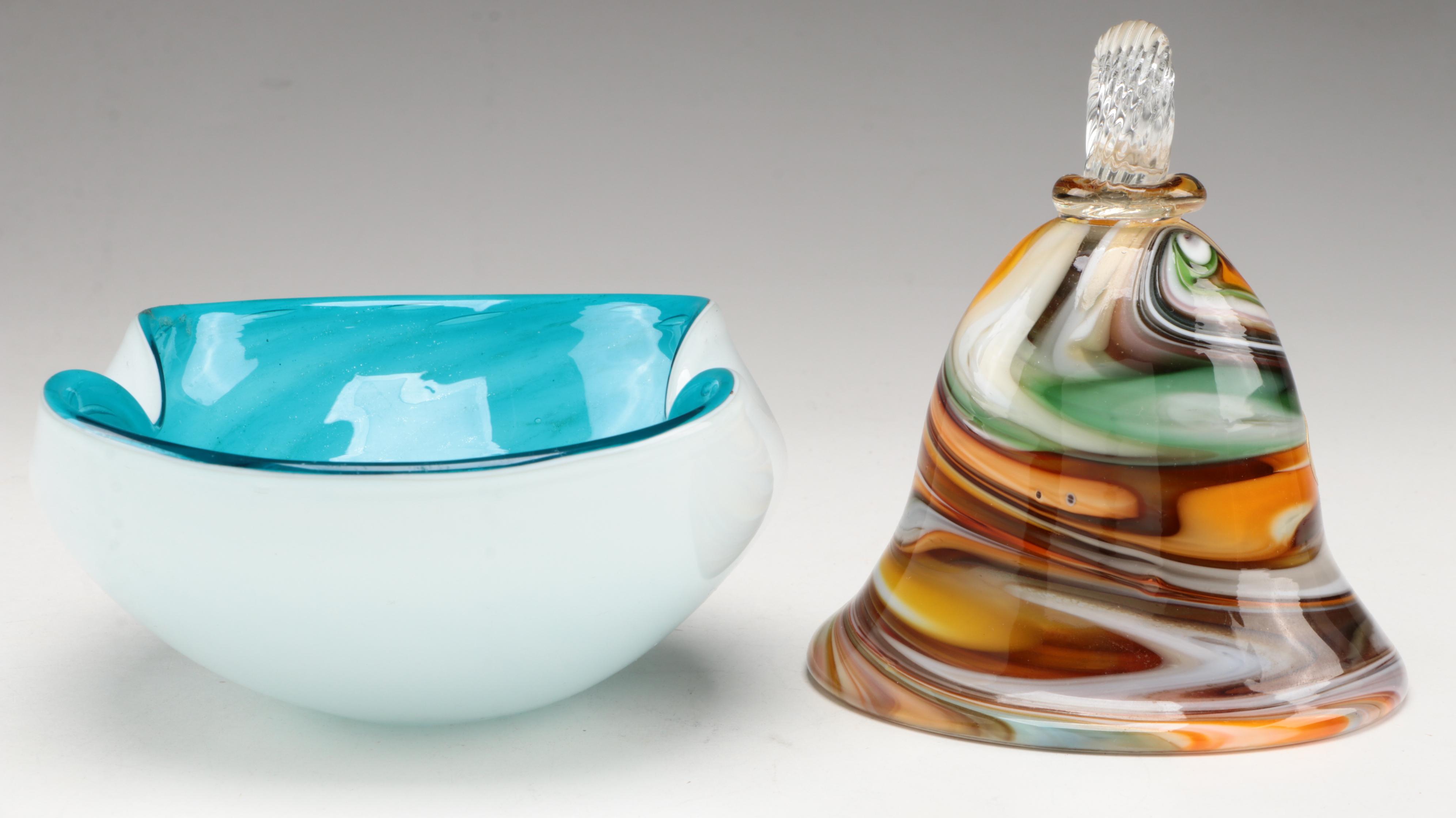 Murano Blown Cased Art Glass Bowl with ICET Multicolor Swirled Art Glass Bell