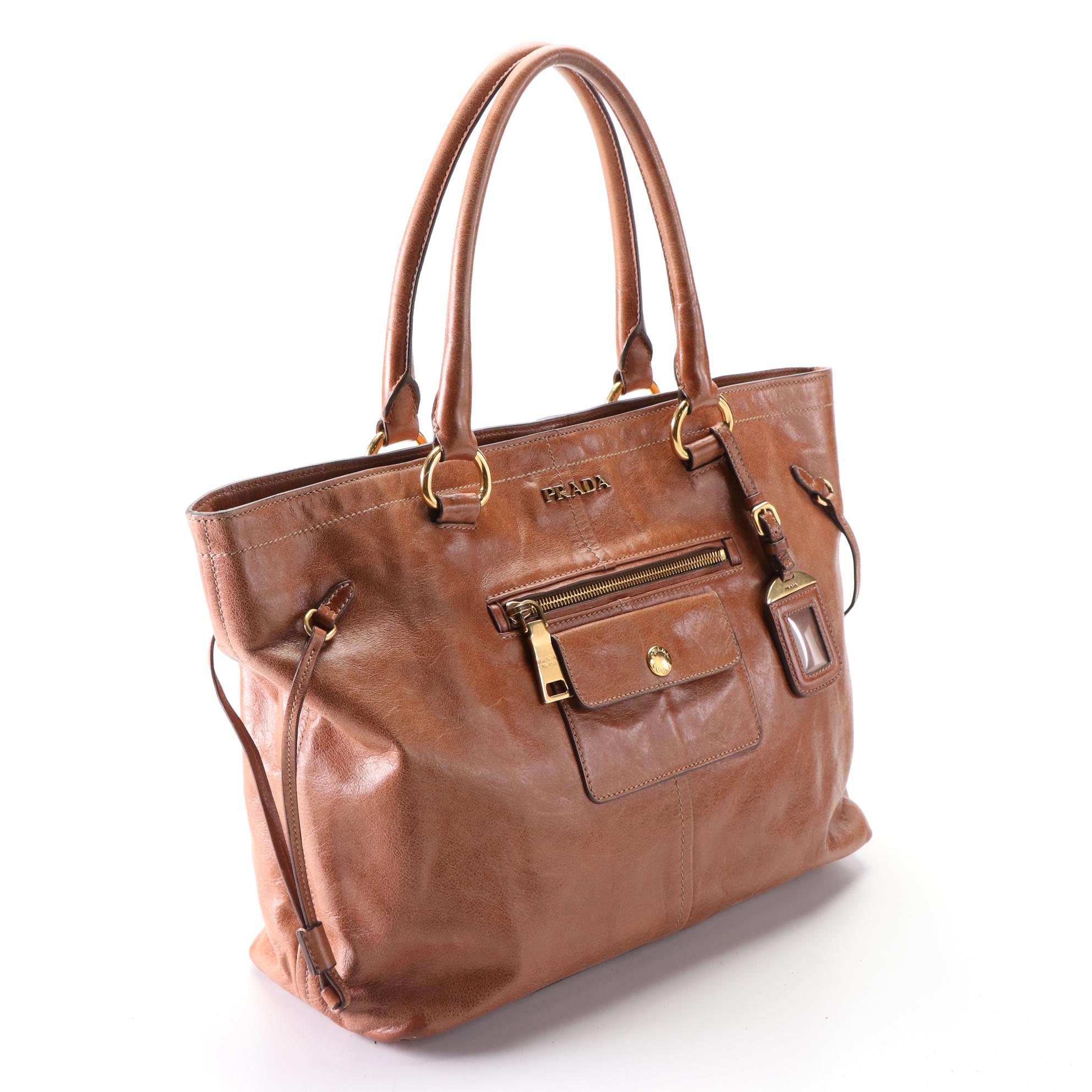 Prada Vitello Daino Tote Bag in Light Brown Grained Leather