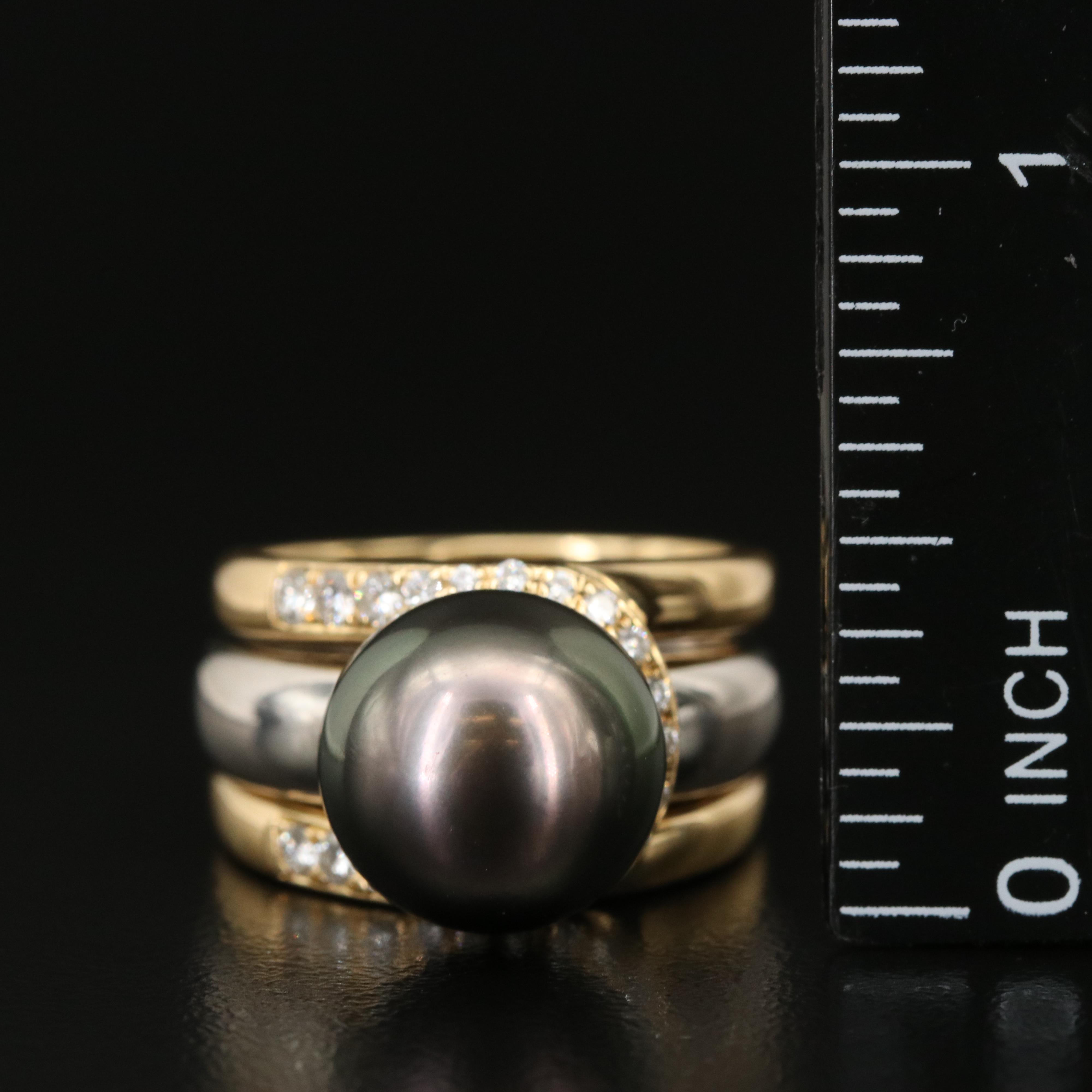 Platinum Pearl Ring with 18K Diamond Guard Band