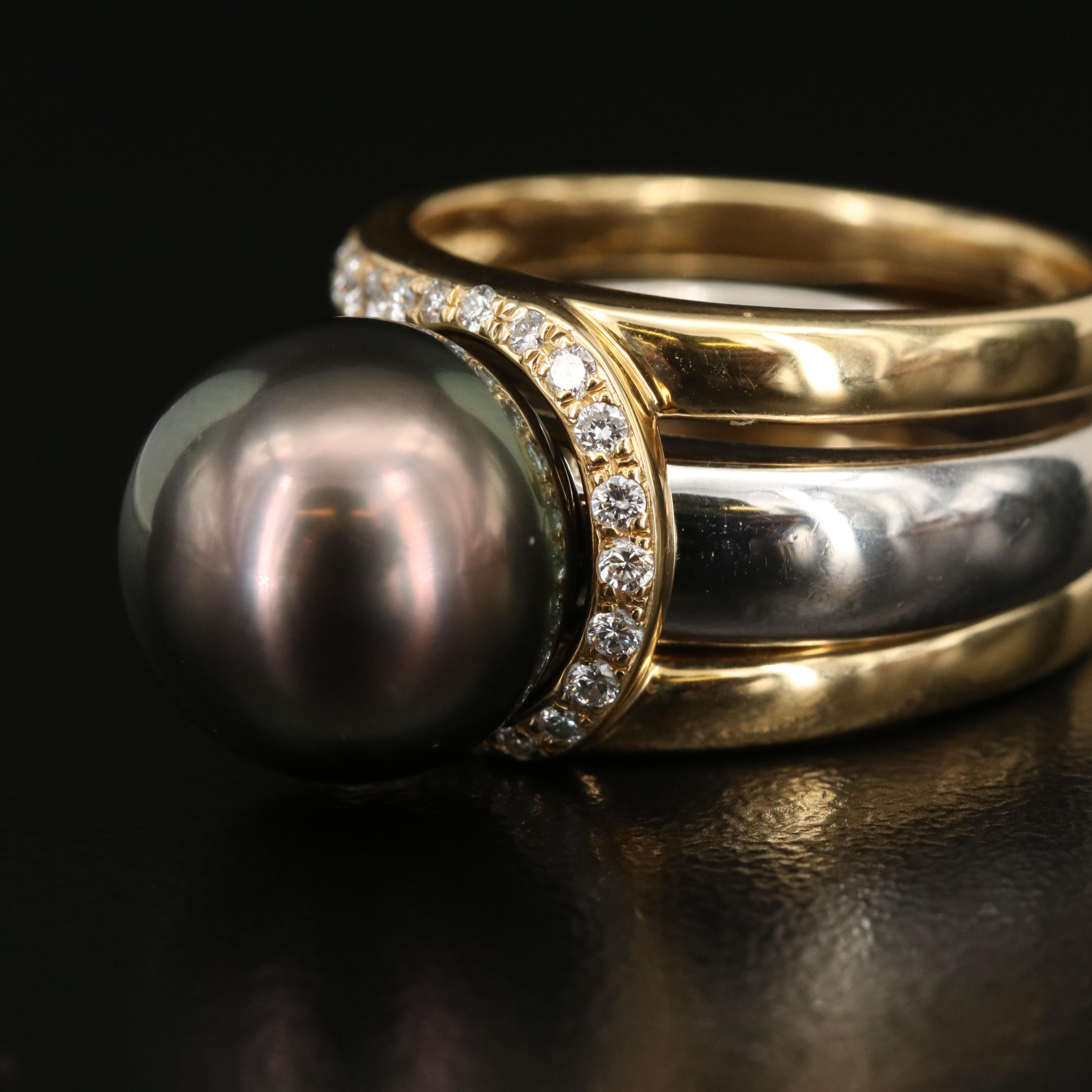 Platinum Pearl Ring with 18K Diamond Guard Band