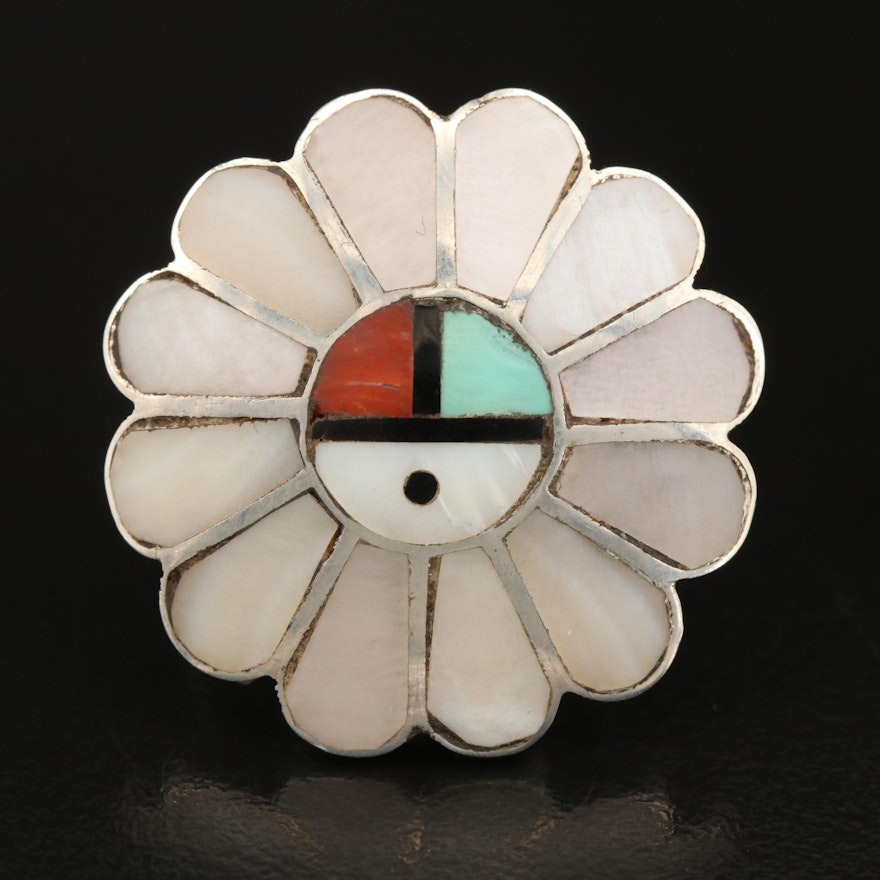 Sterling Mother-of-Pearl, Turquoise and Coral Surface Ring