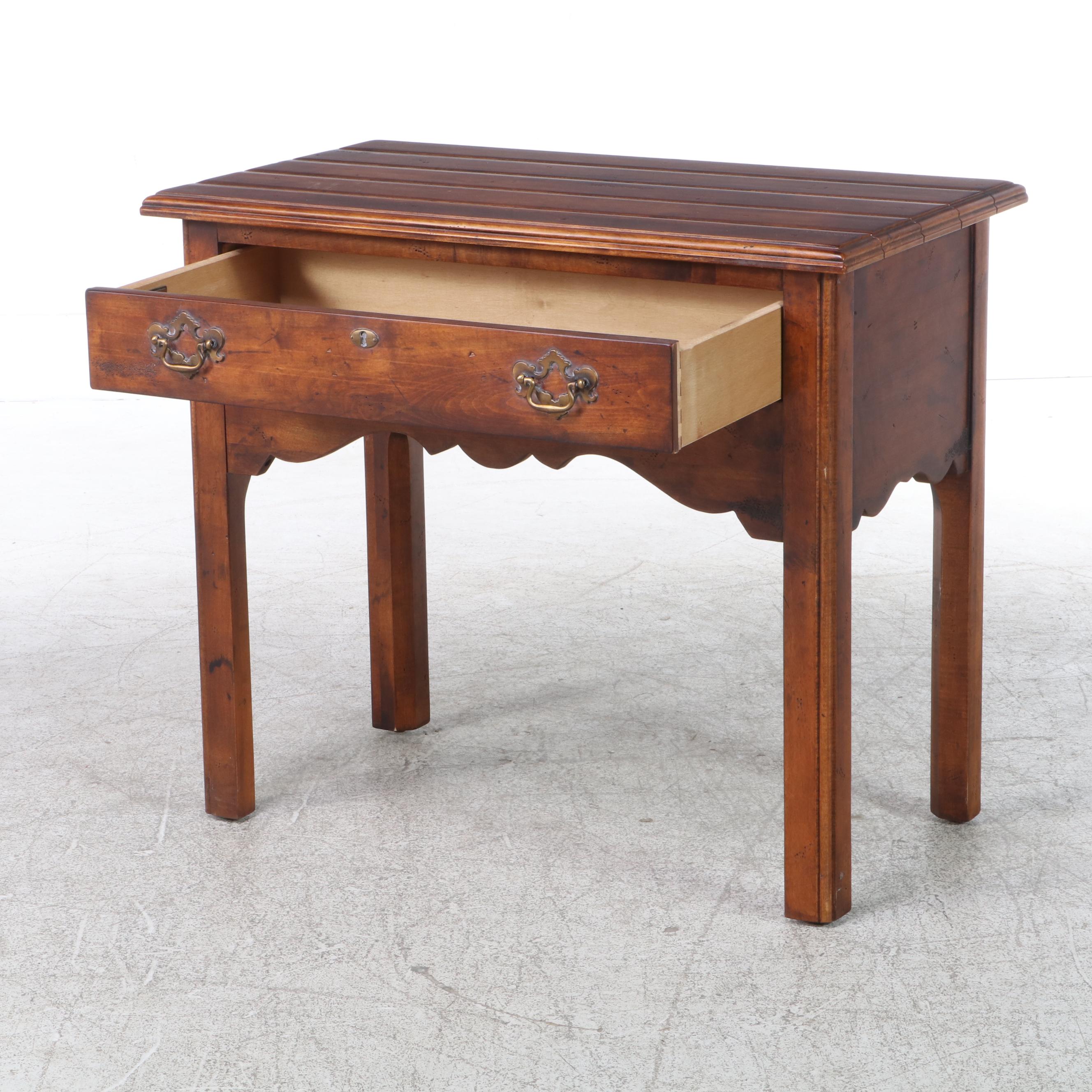 Century Colonial Style Side Table with Drawer and Caned Armchair