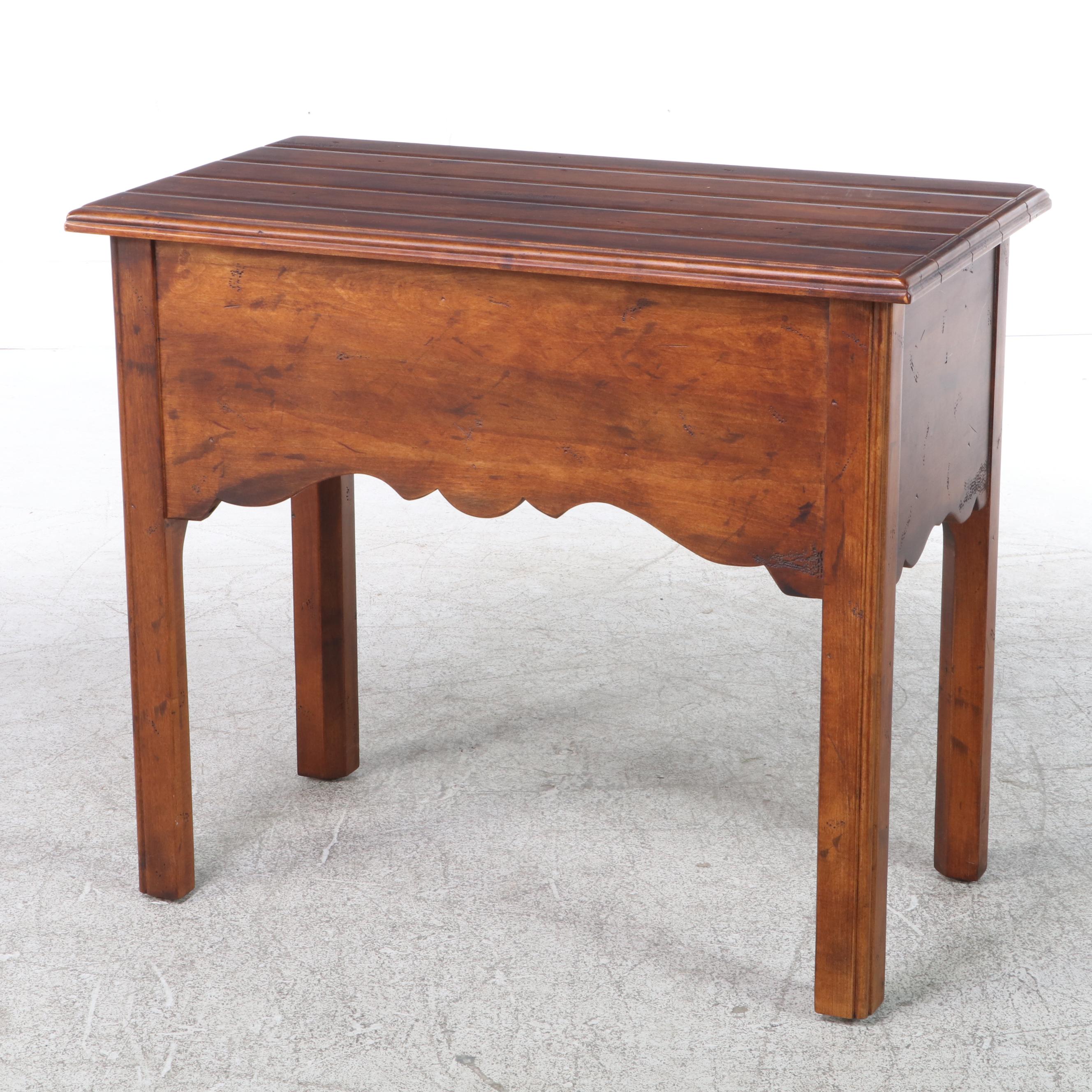 Century Colonial Style Side Table with Drawer and Caned Armchair