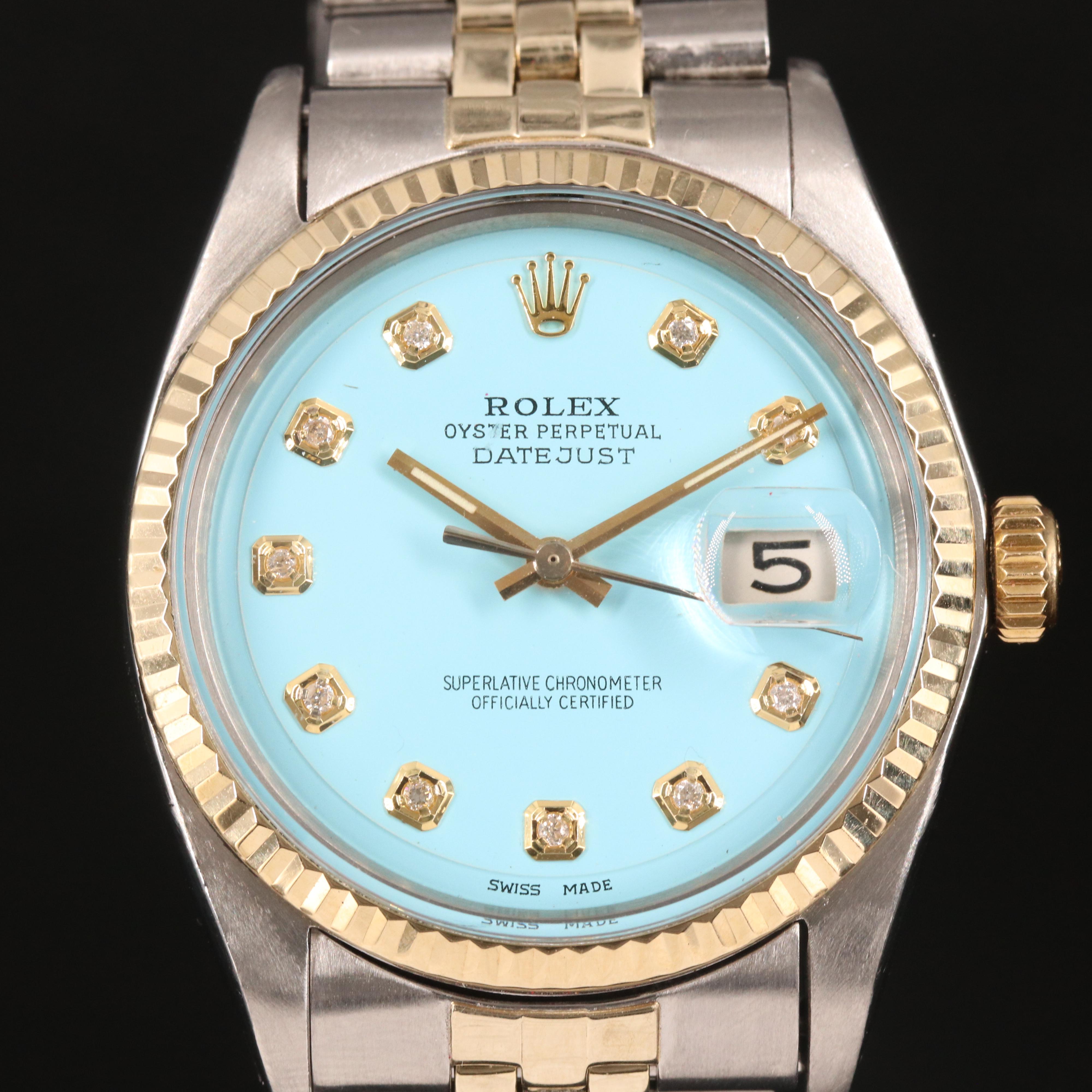1968 Rolex Datejust Eggshell Blue Diamond Dial Watch