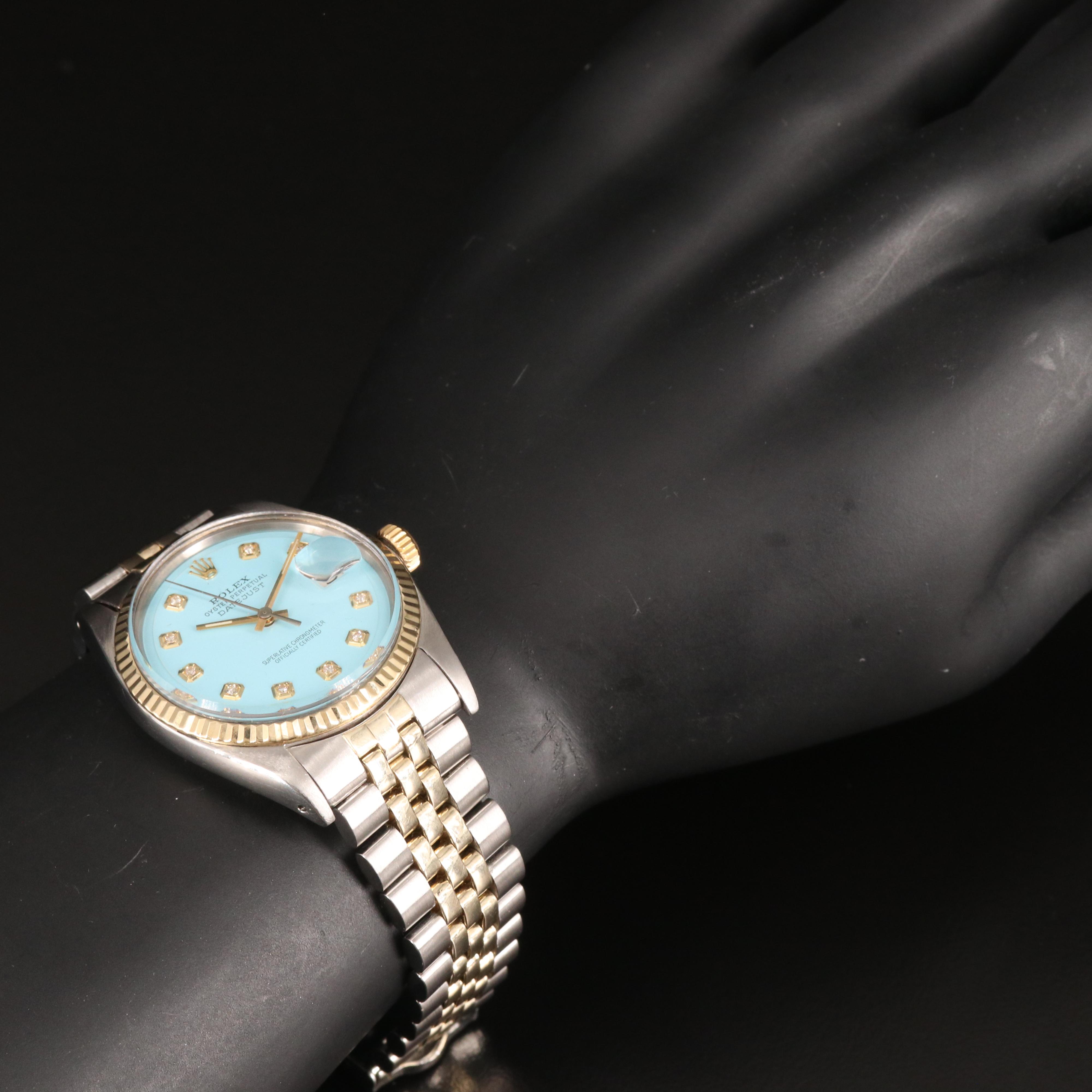 1968 Rolex Datejust Eggshell Blue Diamond Dial Watch