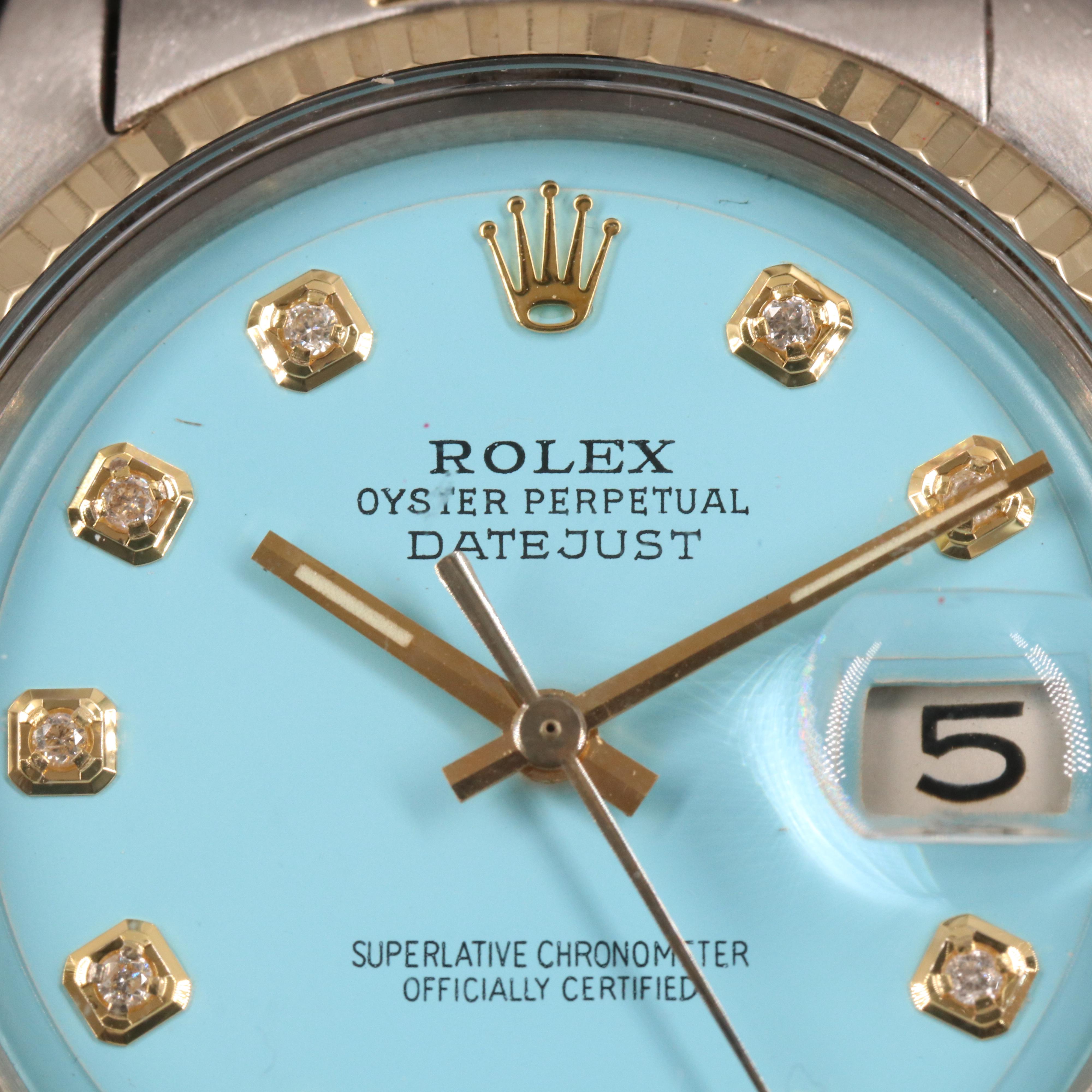 1968 Rolex Datejust Eggshell Blue Diamond Dial Watch