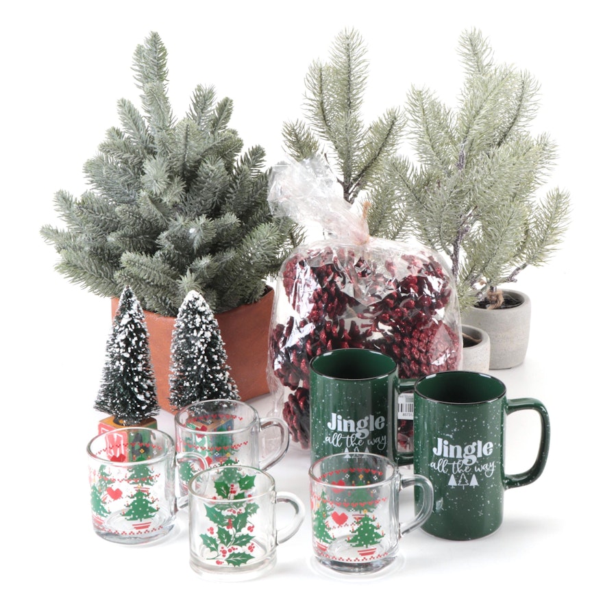 Christmas Themed Glass and Ceramic Mugs with Faux Greenery