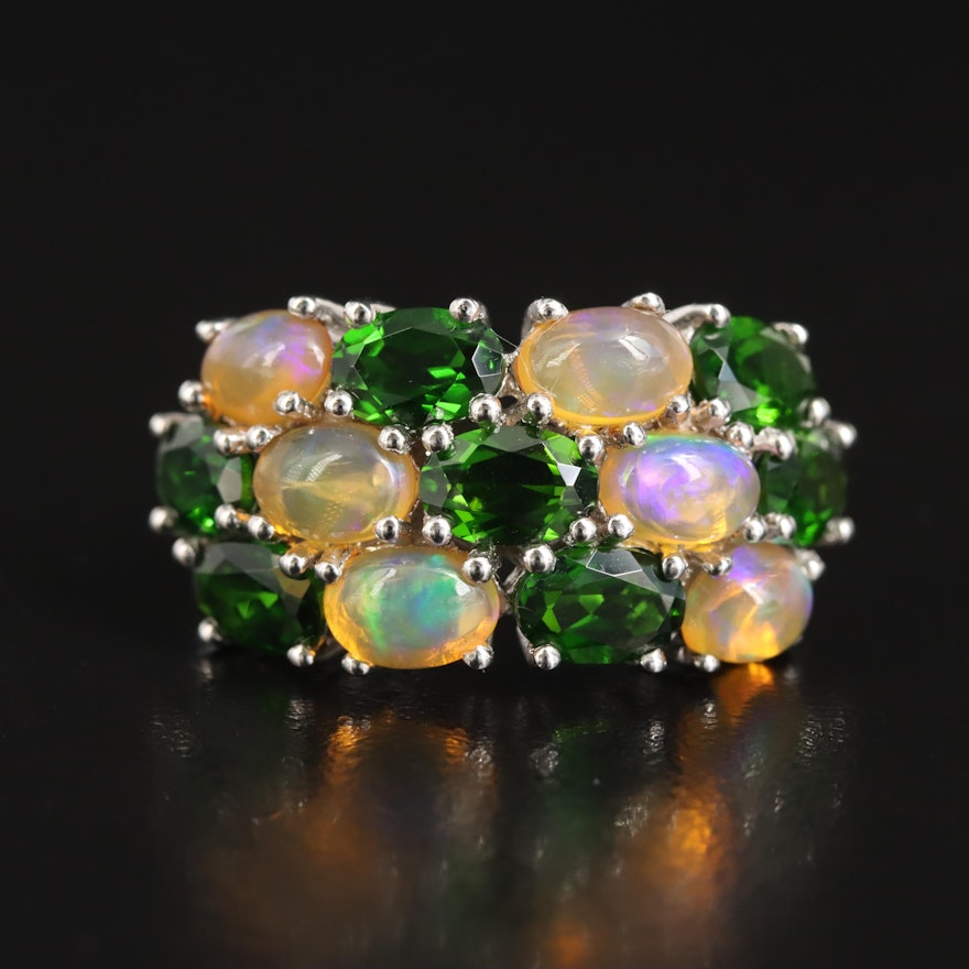 Sterling Opal and Chrome Diopside Triple Row Ring